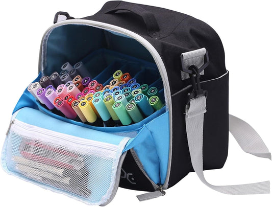 Large Storage Tote Bag for Markers, Brush Pens, Coloring Pencils, Books, Art & Craft Supplies, Tools, Cosmetics - Up to 130 Pens, Black