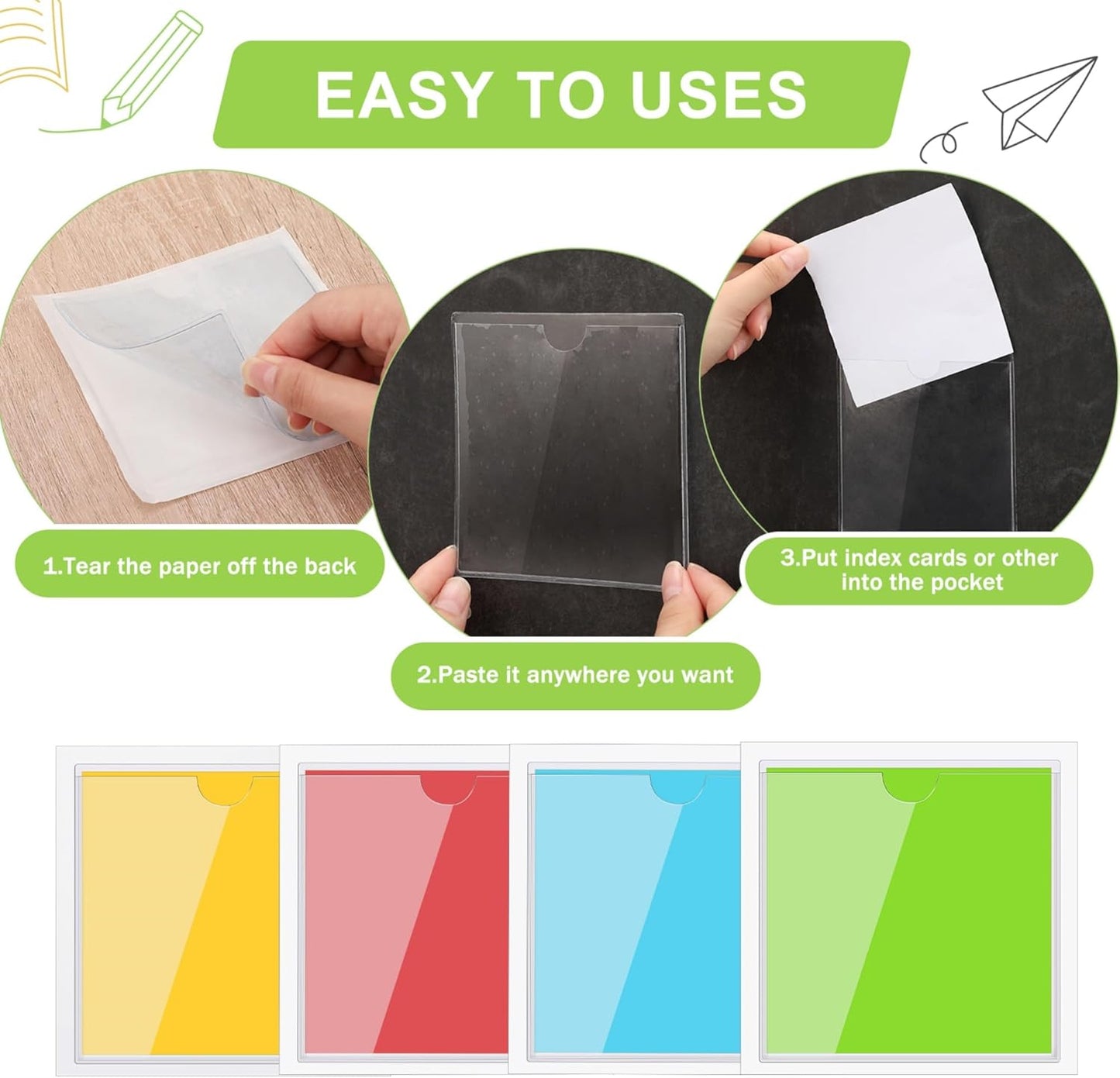 Outus 100 Pcs Clear Self Adhesive Pockets - Bin Labels for Storage Bins, Pocket Label Sleeves, Plastic Index Card Holder with Top Open for Organizing Bins Box Drawer(4 x 4 Inch)