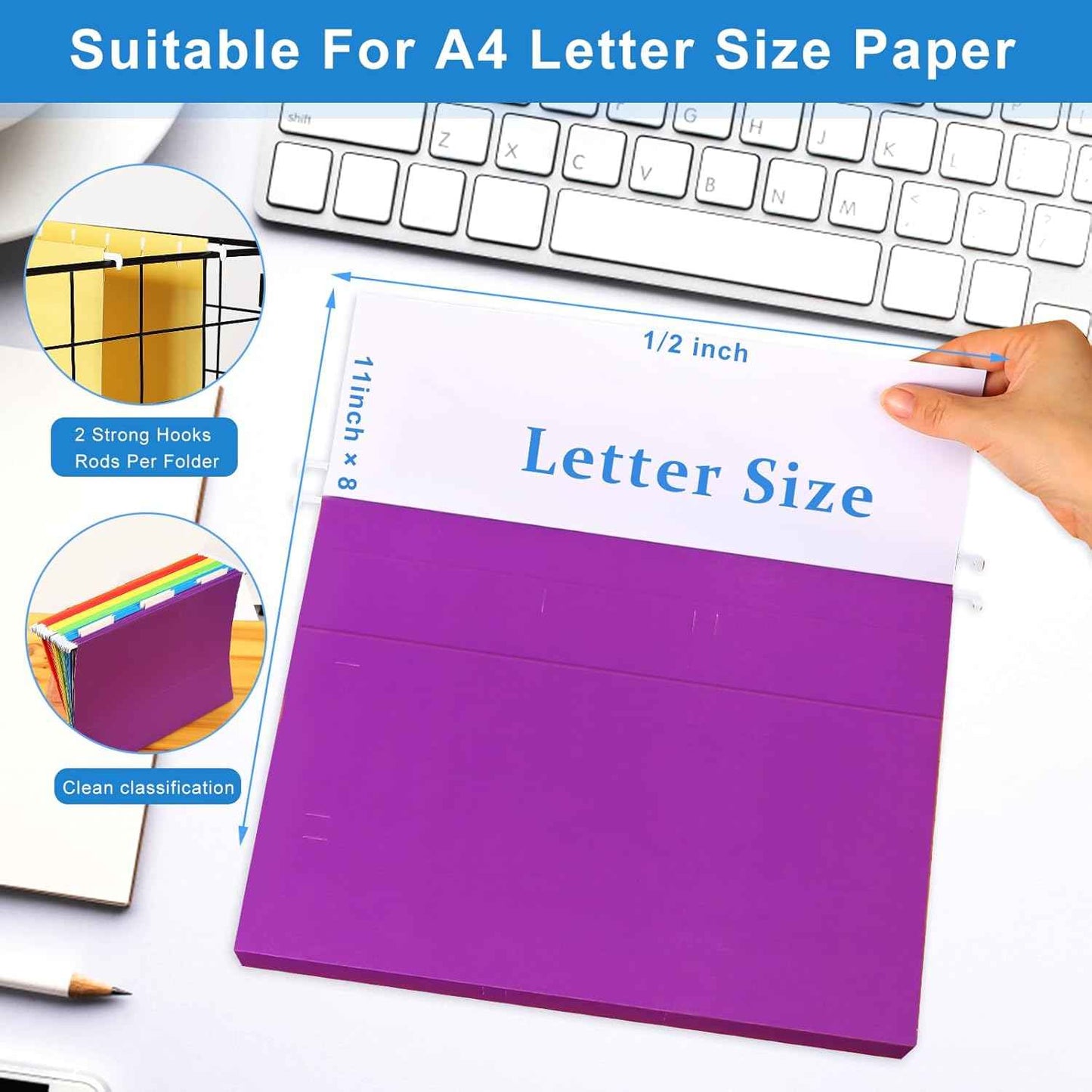 30 Pack Hanging File Folders Letter Size, Colored Hanging Folders with 1/5-Cut Adjustable Tab, Extra Capacity Hanging File Folders, 1 Inch Expansion, Perfect Office, Home, Classroom Supplies