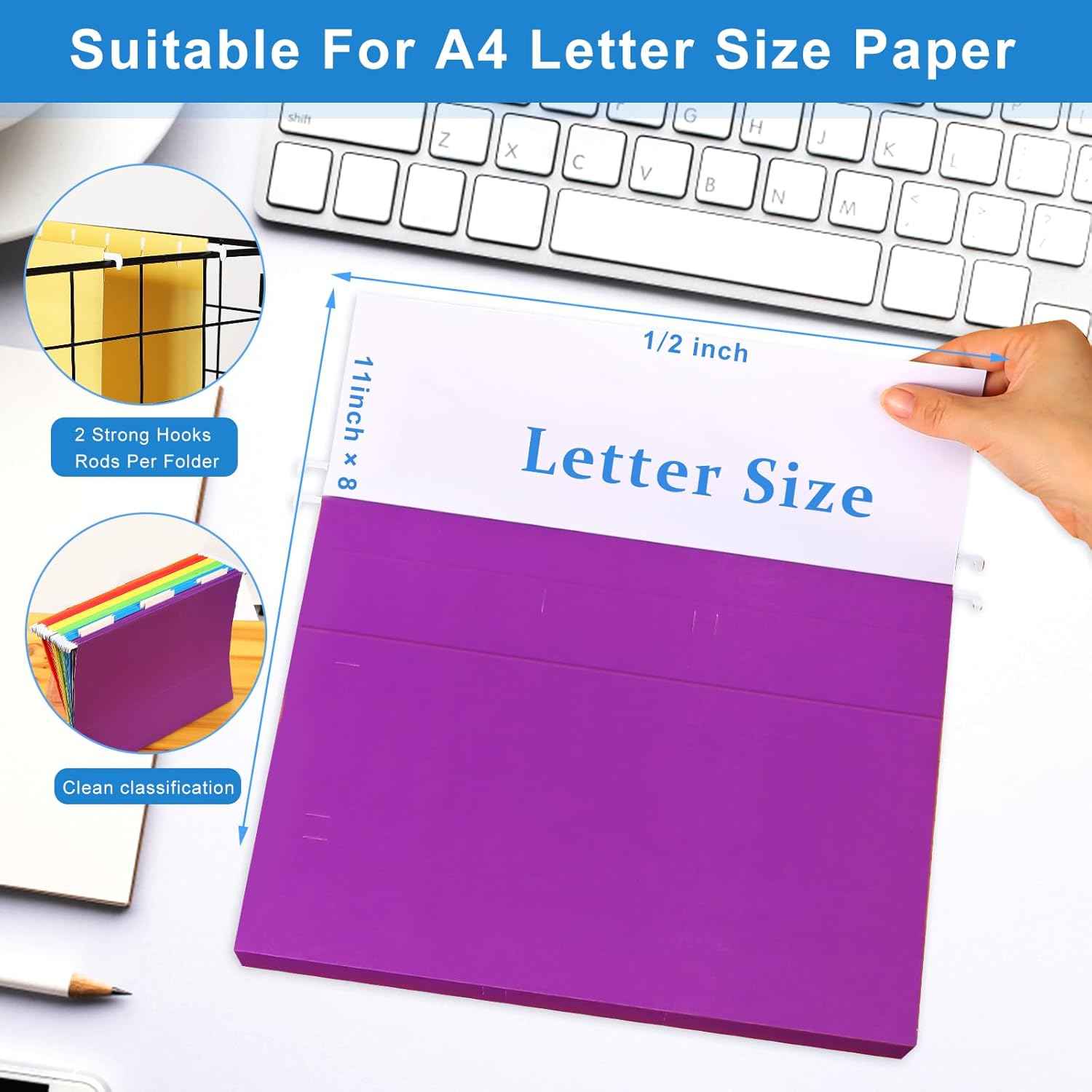 30 Pack Hanging File Folders Letter Size, Colored Hanging Folders with 1/5-Cut Adjustable Tab, Extra Capacity Hanging File Folders, 1 Inch Expansion, Perfect Office, Home, Classroom Supplies