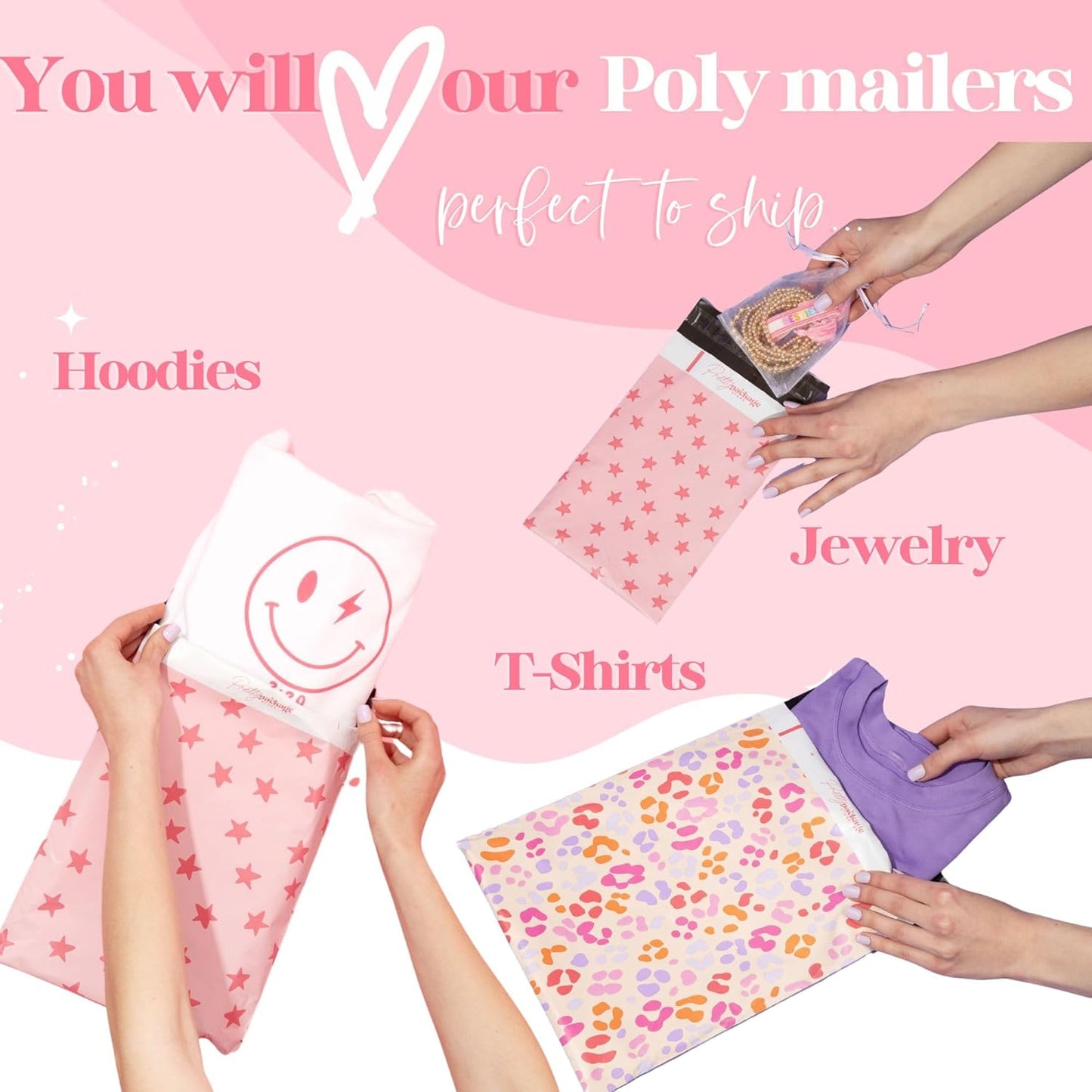 14.5x19 Designer Poly Mailer 100 Pack Heavy Duty Waterproof Self Seal Shipping Bags for Small Business Large Mailing Envelopes Bulk Tear Resistant Cute Packaging Happy Hearts