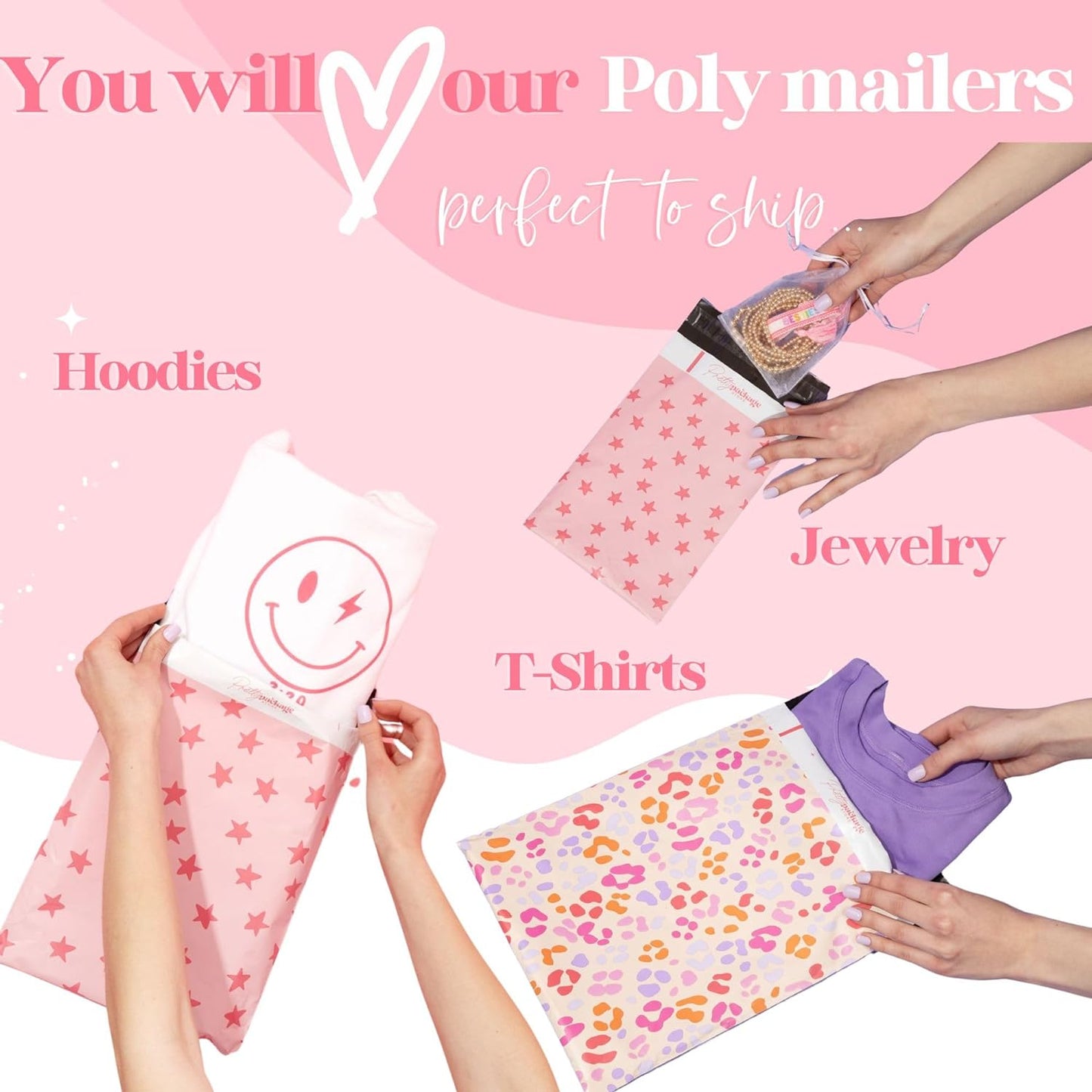 10x13 Designer Poly Mailer 100 Pack Heavy Duty Waterproof Self Seal Shipping Bags for Small Business Large Mailing Envelopes Bulk Tear Resistant Cute Packaging Seeing Stars Pink