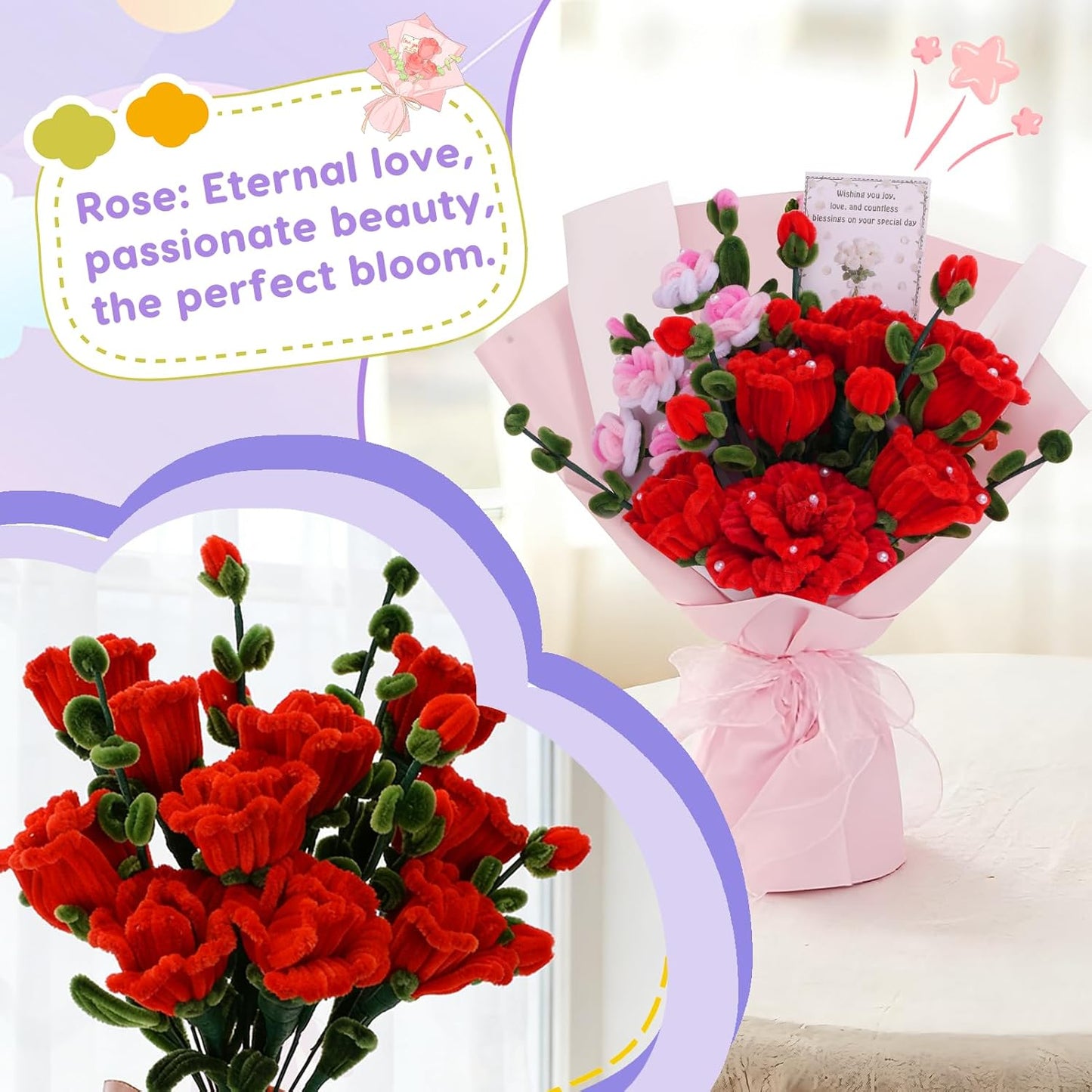 900 PCS Pipe Cleaners Craft, Pipe Cleaner Bulk Flower Kit 14 Colors Chenille Stems Flower Making Kit with Greeting Card, Floral Wires, Tape, Stamen, Floral Wrapping Paper & Ribbon for Art DIY Flowers