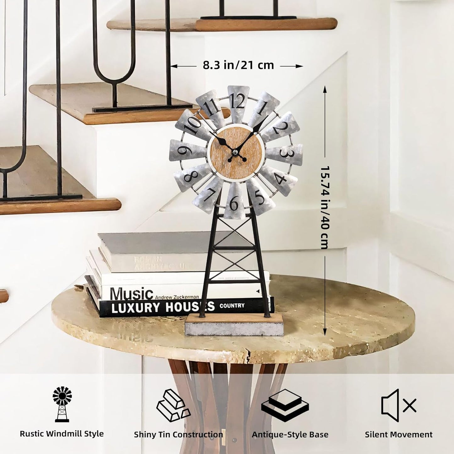 MODE HOME Farmhouse Windmill Desk Clock - 15.75 Inch Galvanized Metal Table Clock with Blades, Small Decorative Office Clock, Battery Operated Rustic Farmhouse Clock for Tabletop & Shelf Decor