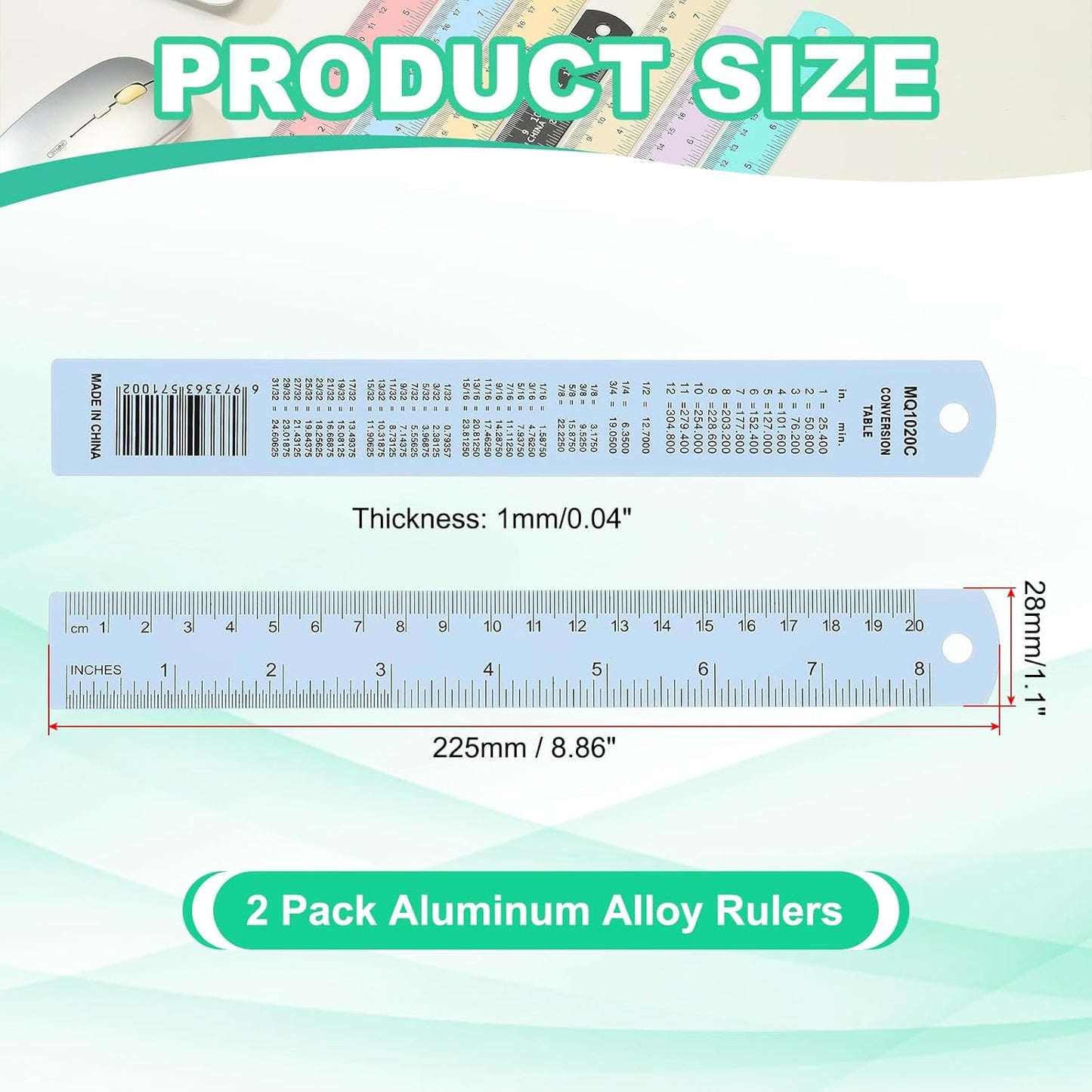 PATIKIL 20cm/8" Metal Ruler, 2 Pack Aluminum Alloy Rulers with Centimeters, Millimeters, Inches and Conversion Table Straight Edge Ruler for Writing Machinist Drafting, Blue