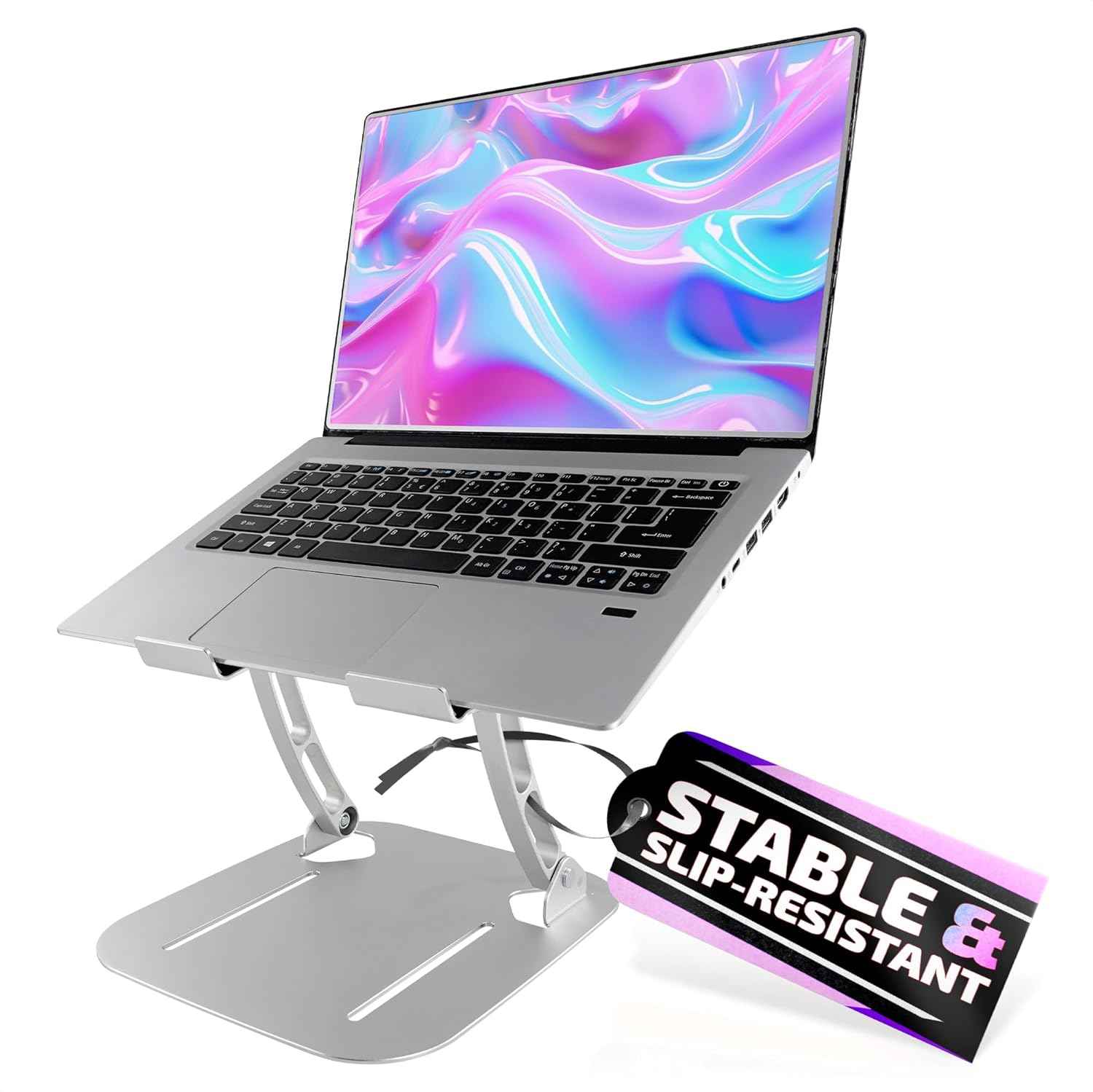Laptop Stands Height & Angle Adjustable Computer Stand for Laptop -Portable Computer Holder for Desk with Ventilation Slots for Enhanced Airflow - Adjustable Laptop Stands for Desk with Silicone Pads