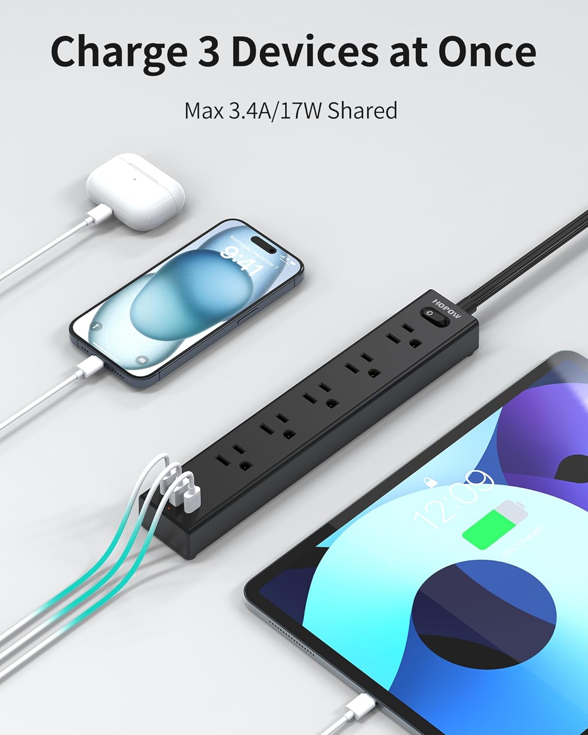 Power Strip Surge Protector, 10 Ft Ultra Flat Extension Cord, Surge Protector with 5 Outlets & 3 USB Ports (2 USB C), 1700 Joules, Wall Mount, Desktop Charging Station for Home Office, Black