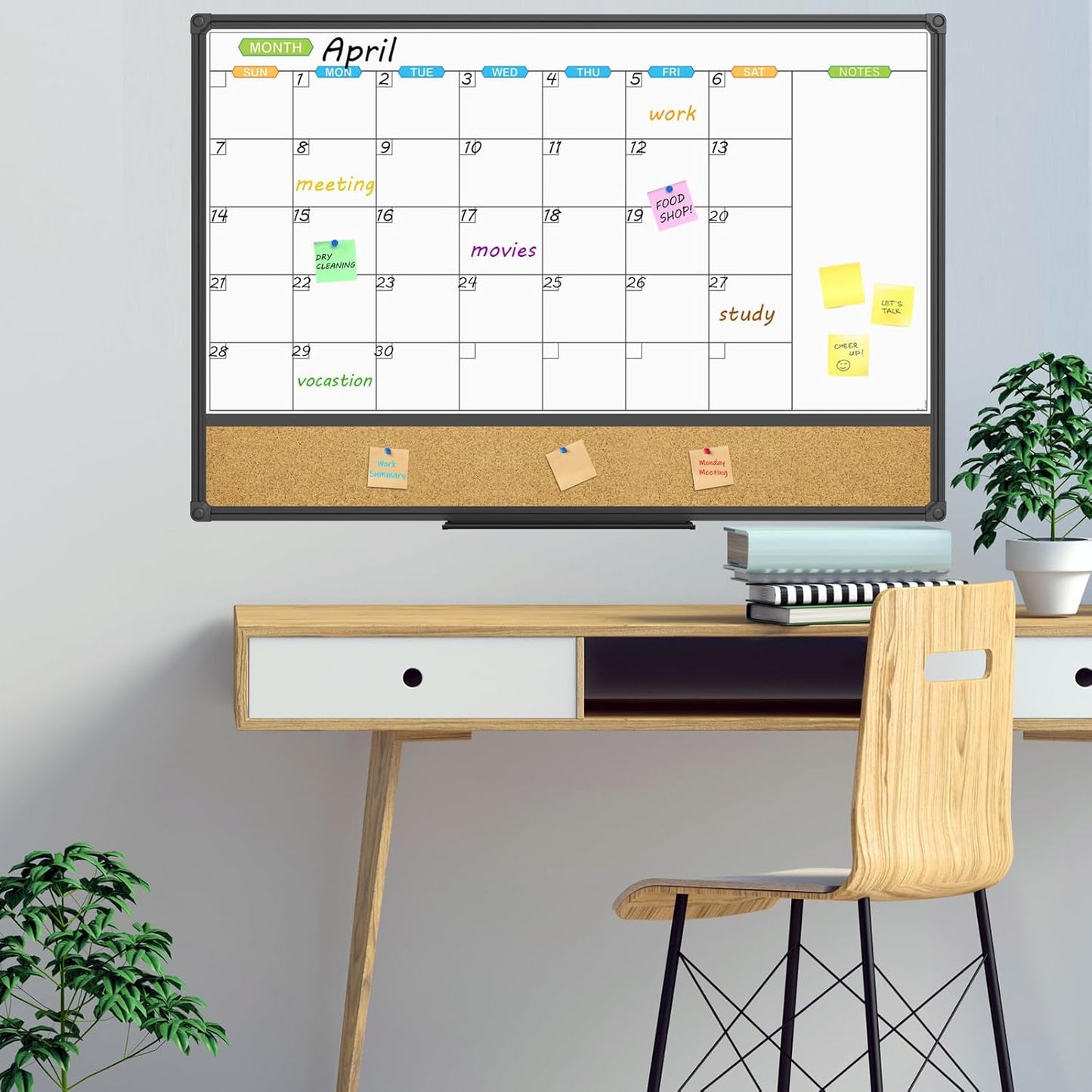 JILoffice Magnetic Calendar Whiteboard & Bulletin Corkboard Combination, Combo Board 36 x 24 Inch, Black Aluminum Frame Wall Mounted Board for Office Home and School with 10 Push Pins - Lumora Desk