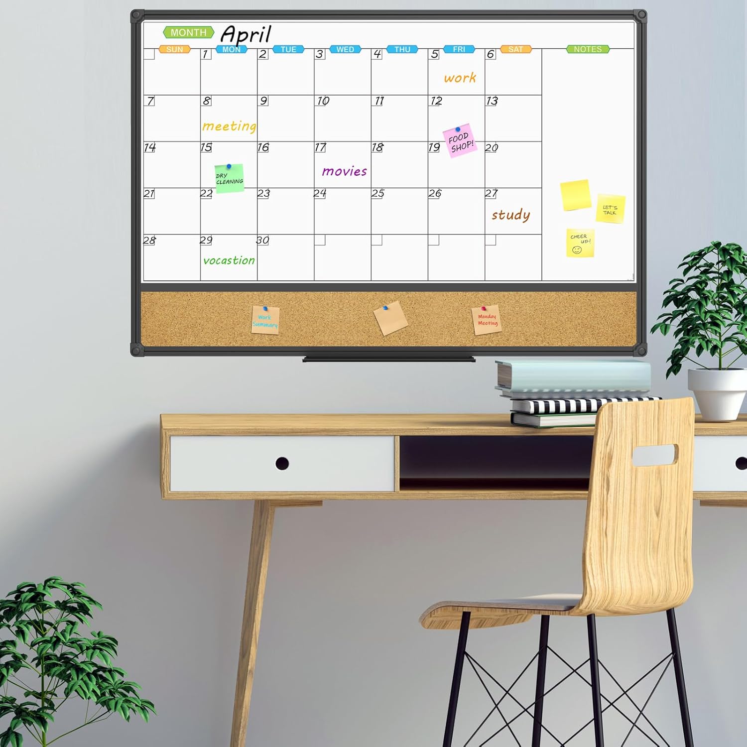JILoffice Magnetic Calendar Whiteboard & Bulletin Corkboard Combination, Combo Board 36 x 24 Inch, Black Aluminum Frame Wall Mounted Board for Office Home and School with 10 Push Pins - Lumora Desk