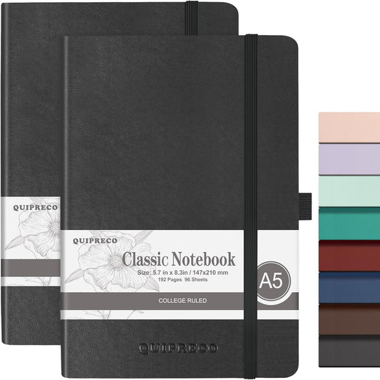 2Pack Lined Hardcover Journal Notebook, A5 192 Pages 100Gsm Thick Paper College Ruled for School,Note Taking,Work,Diary，5.7"*8.3",Black