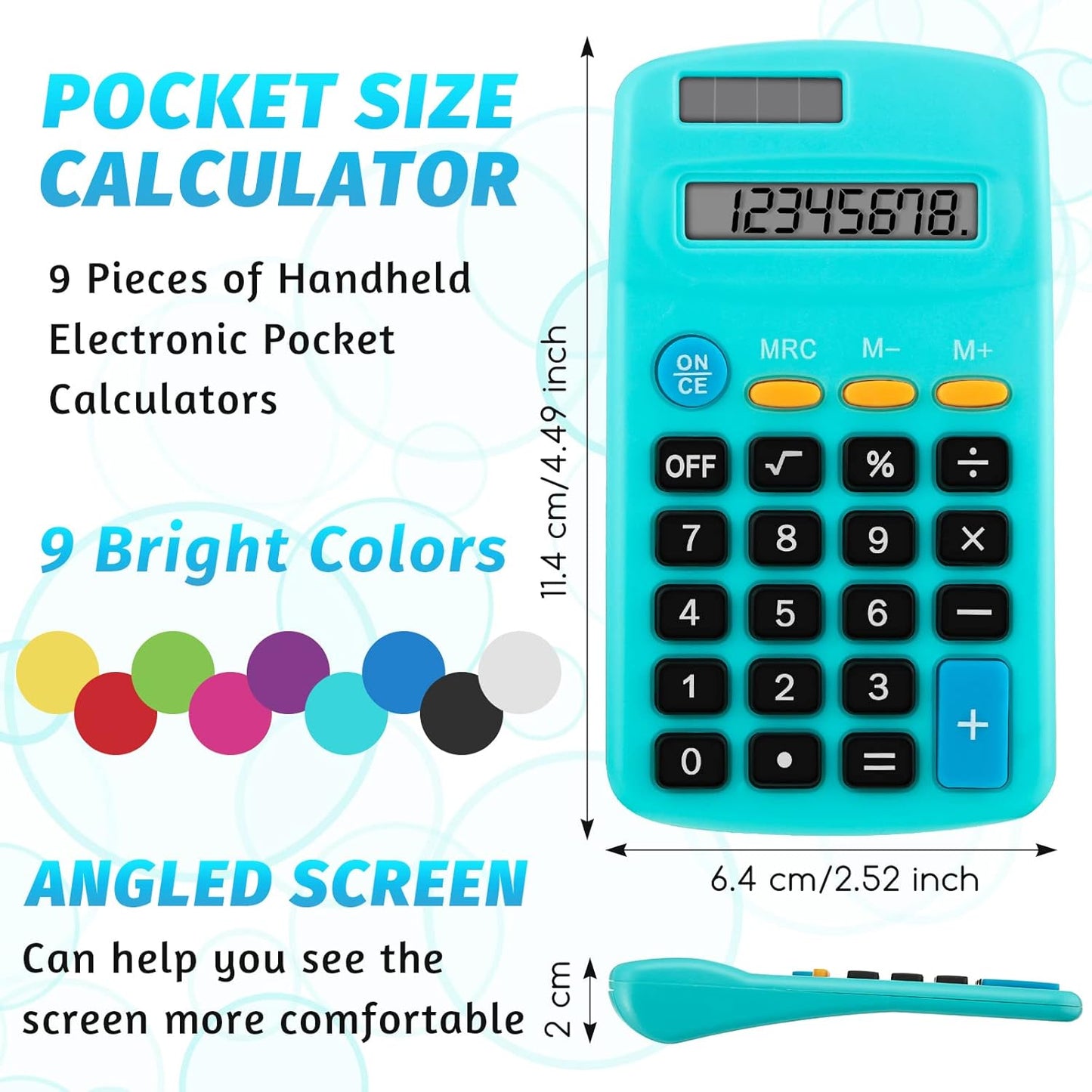 9 Pieces Solar Calculators Bulk - Mini Pocket Calculator for Students, Basic 8-Digit Dual Power (Solar & Battery), Colorful Classroom Supplies for Teachers, School Gifts for Students