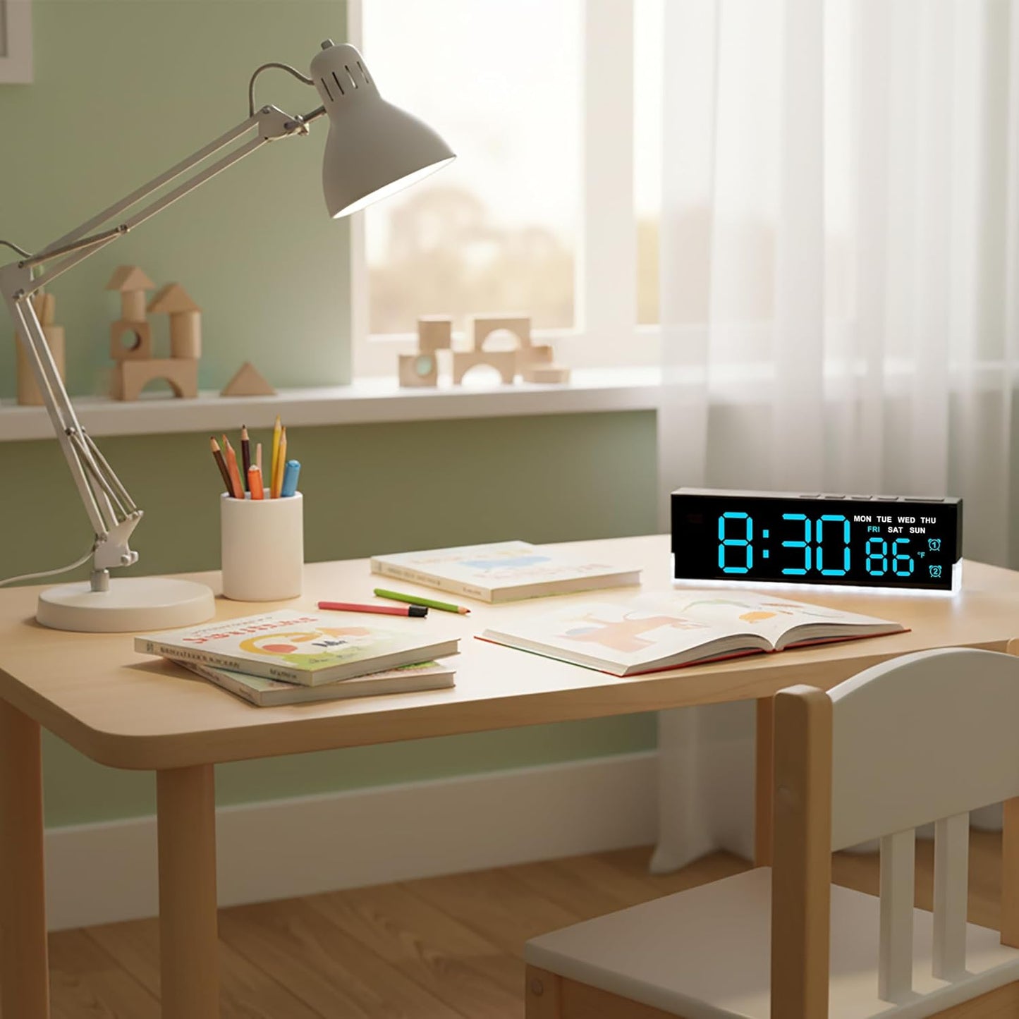 JENLYSTIME 7 Inch LED Digital Alarm Clock with Dual Alarms & Bottom Glow｜Displays Time, Date, Day, Temperature｜3-Level Auto/Manual Brightness, DST, USB or Battery Powered Modern Desk Clock (Blue)