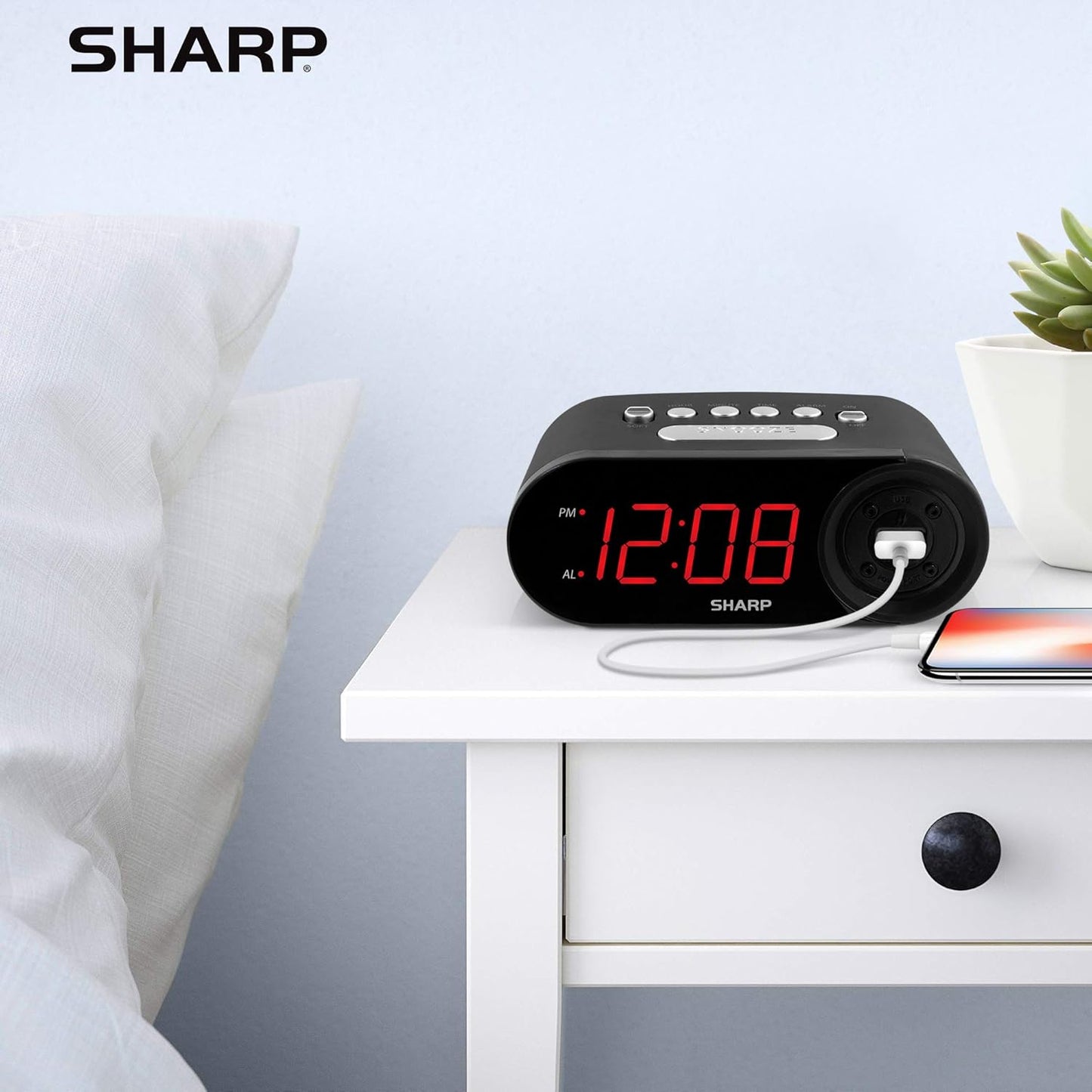 Sharp Digital Easy to Read Alarm Clock with 2 AMP High-Speed USB Charging Power Port - Charge Your Phone, Tablet with a high Speed Charge! Simple, Easy to Use Operation, Midnight Black