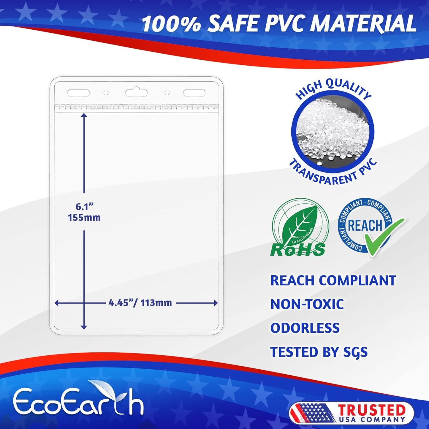 EcoEarth Passport & Identification Card Holders with Soft Edge (Clear, 4x6 Inch, 50 Pack), Extra Large Vertical ID Holder, Zipperless Plastic Name Badge Holders