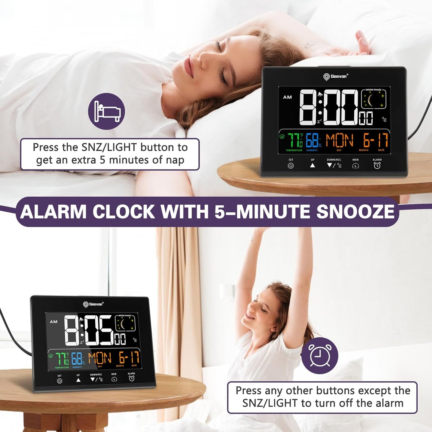 Geevon Digital Atomic Alarm Clocks for Bedrooms with 2 USB Ports, Color VA Display Atomic Clock with Indoor Temperature and Humidity, DST, Calendar, and Moon Phases for Seniors Elderly
