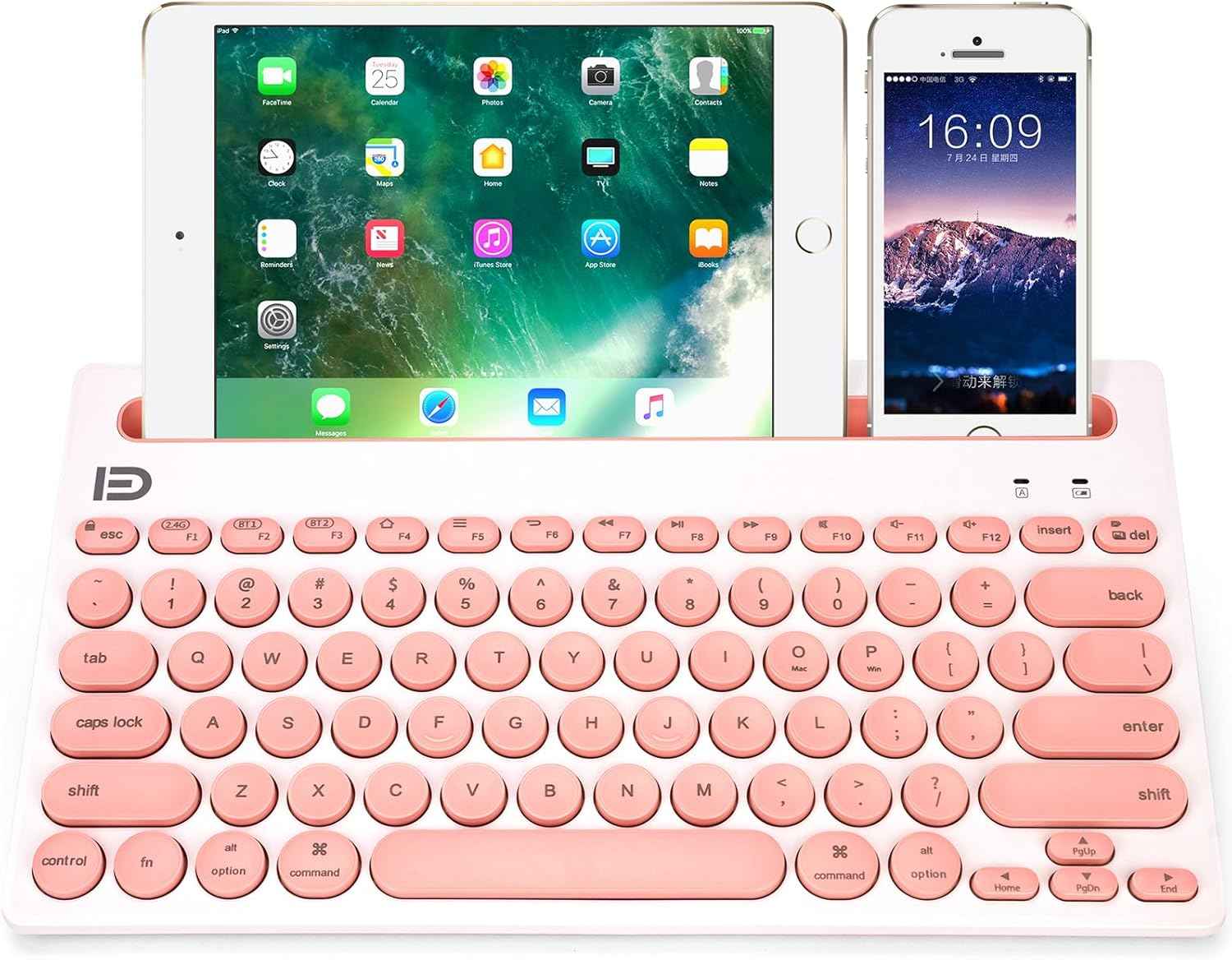 Dual Channel Multi-Device Universal Cute Wireless Bluetooth Keyboard Portable Slim with 20m Connection Distance for Tablet Smart Phone PC Windows Android iOS Mac (Pink)