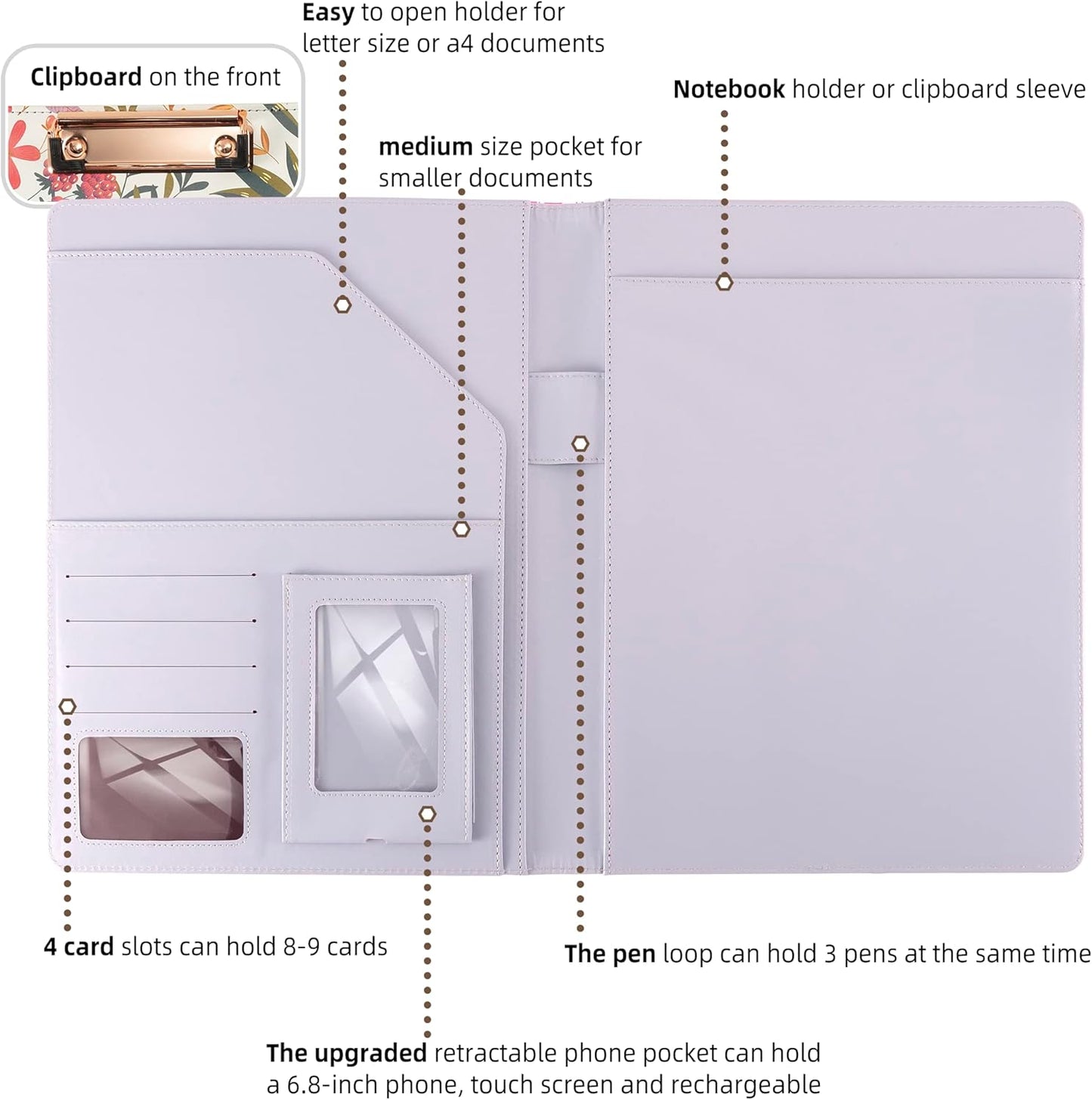 Padfolio for Women PU Leather Portfolio Cute Binder Foldable Recipe Clipboard Purple Phone Pocket