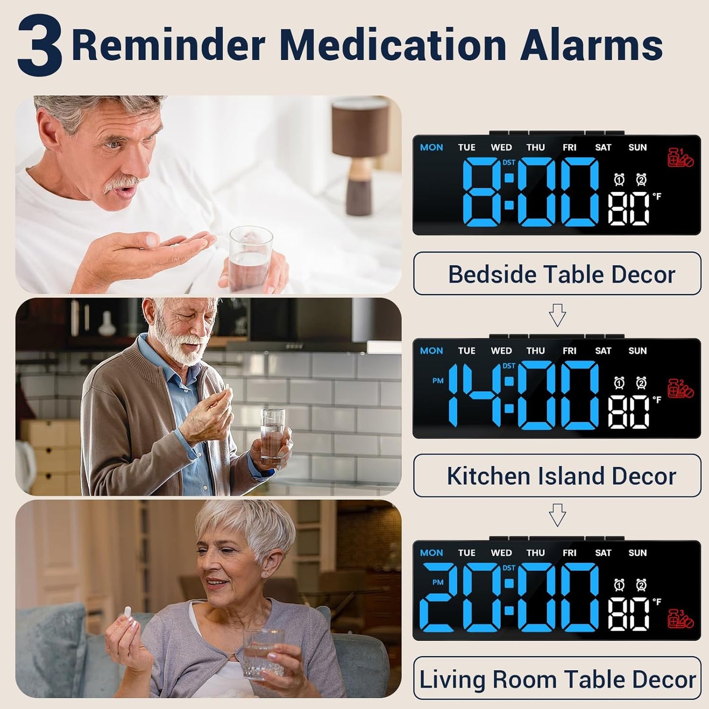 7" Digital Clock - Large LED Display with 3 Medication Reminders, Modern Tabletop Day Calendar Clock with Temperature for Seniors, Desktop Decor for Bedroom Office Home Blue