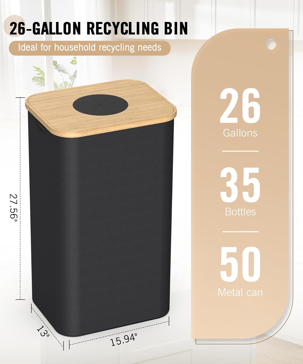 Recycling Bins for Kitchen, 26 Gallon (100L) Recycle Bin with Bamboo lid, Indoor Oxford Fabric Recycling Trash Can with 2pcs Removeable and Reusable Inner Bags for Bottle Can Glass Plastice, Black