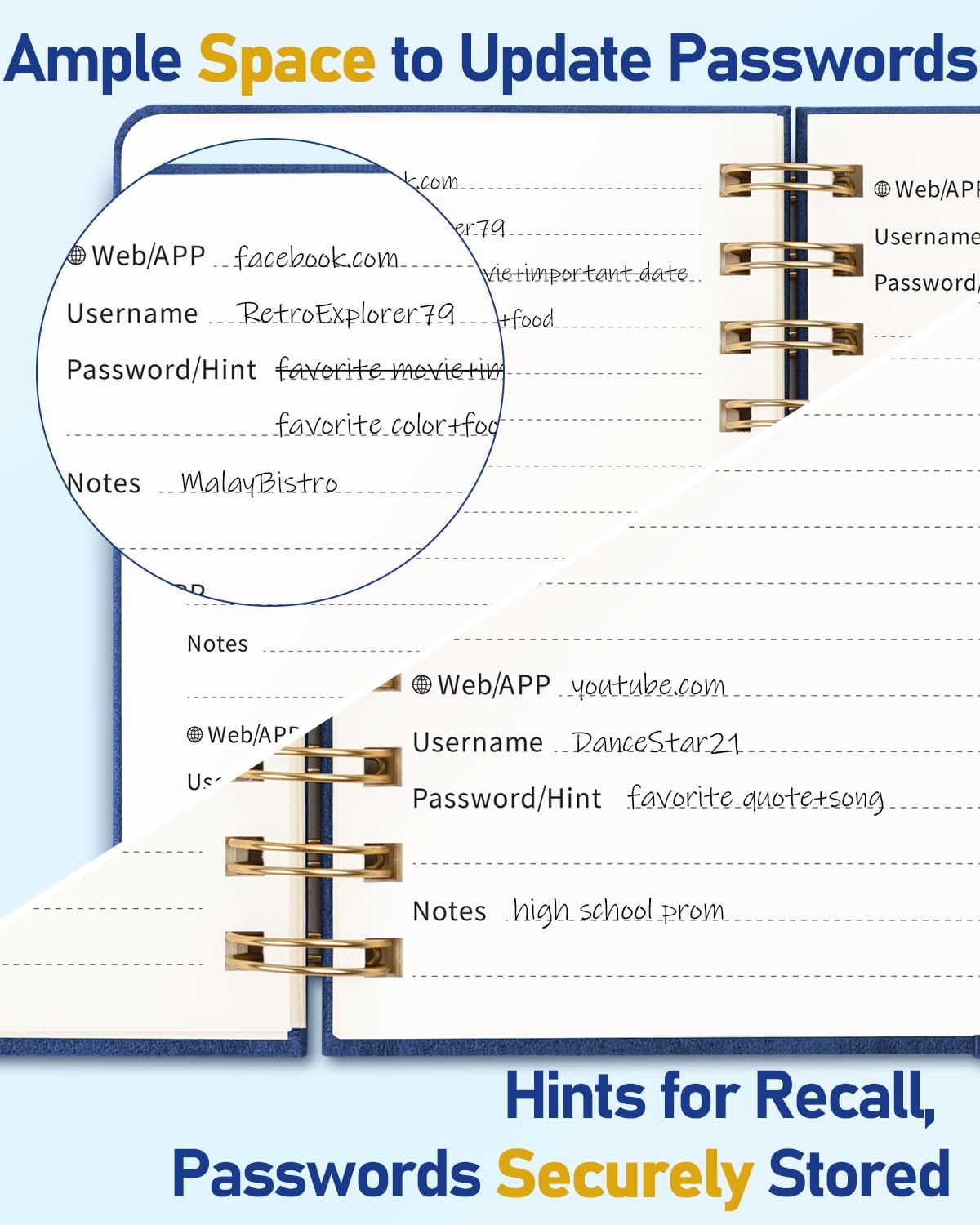 WEMATE Password Book with Alphabetical Tabs, Spiral Password Keeper Book for Seniors, Internet Password Notebook Password Journal Logbook Log in Detail, Small – 4.7''x 6'' (Navy Blue)
