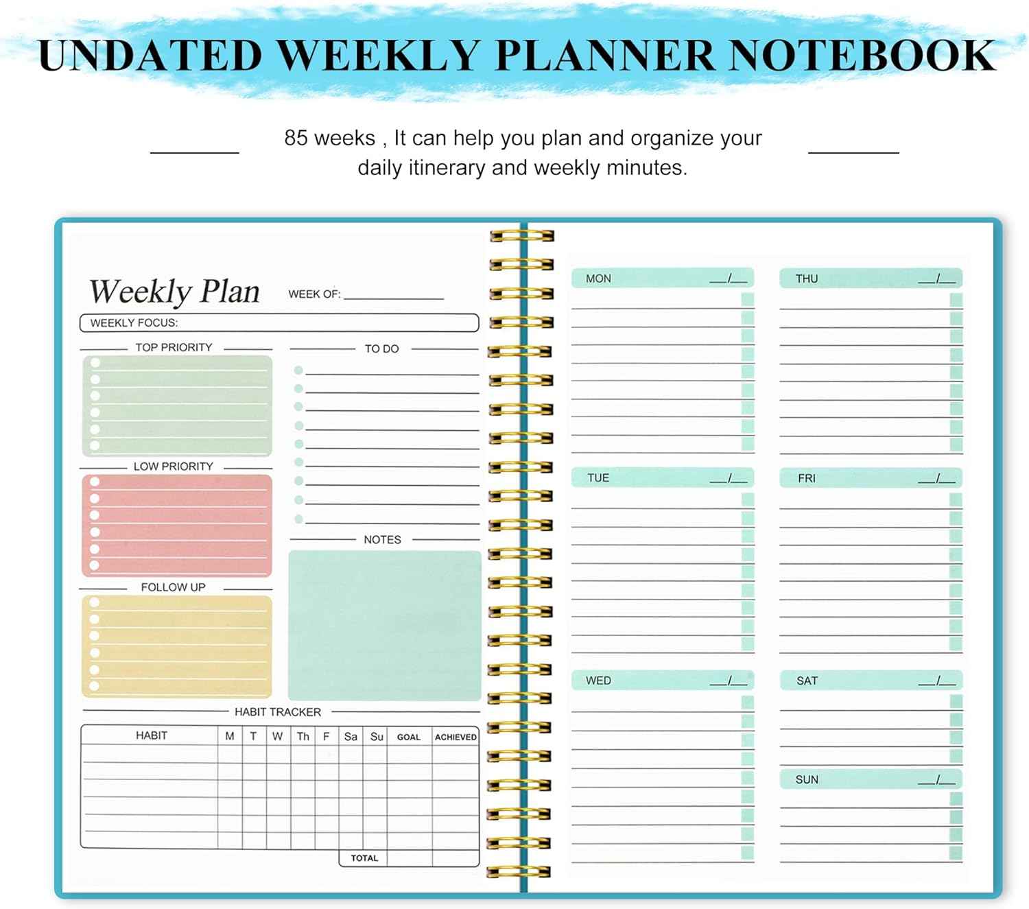 Utron A5 Weekly Planner - Undated Daily To Do List Planner, Weekly Goals Notebook for Office/Business and Students