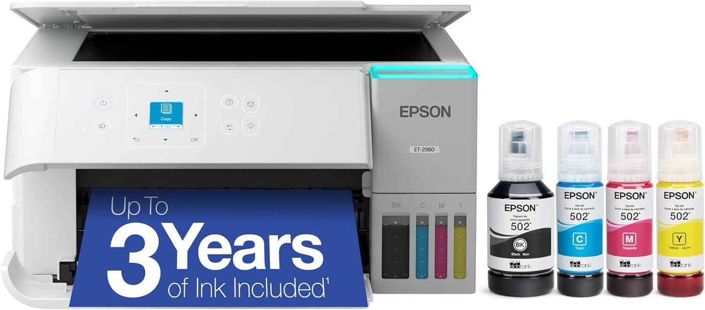 Epson EcoTank ET-2980 Wireless All-in-One Color Supertank Printer with up to 3 Years of Ink, Refillable Tanks, Perfect for Home, 15 PPM, 1.44" Color Screen, Auto 2-Sided Printing – White (Renewed)
