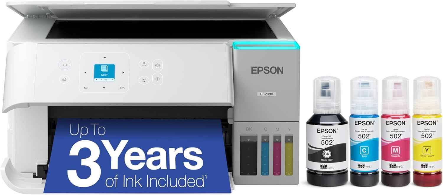 Epson EcoTank ET-2980 Wireless All-in-One Color Supertank Printer with up to 3 Years of Ink, Refillable Tanks, Perfect for Home, 15 PPM, 1.44" Color Screen, Auto 2-Sided Printing – White (Renewed)