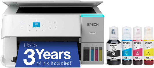 Epson EcoTank ET-2980 Wireless All-in-One Color Supertank Printer with up to 3 Years of Ink, Refillable Tanks, Perfect for Home, 15 PPM, 1.44" Color Screen, Auto 2-Sided Printing – White (Renewed)
