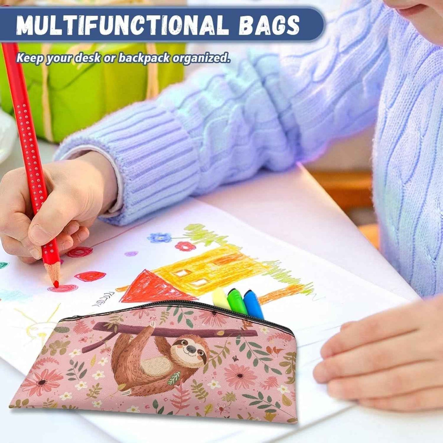 POLERO Floral Sloth Pencil Case for Girls School Stationery Pouch Multi-Purpose Travel Makeup Bag