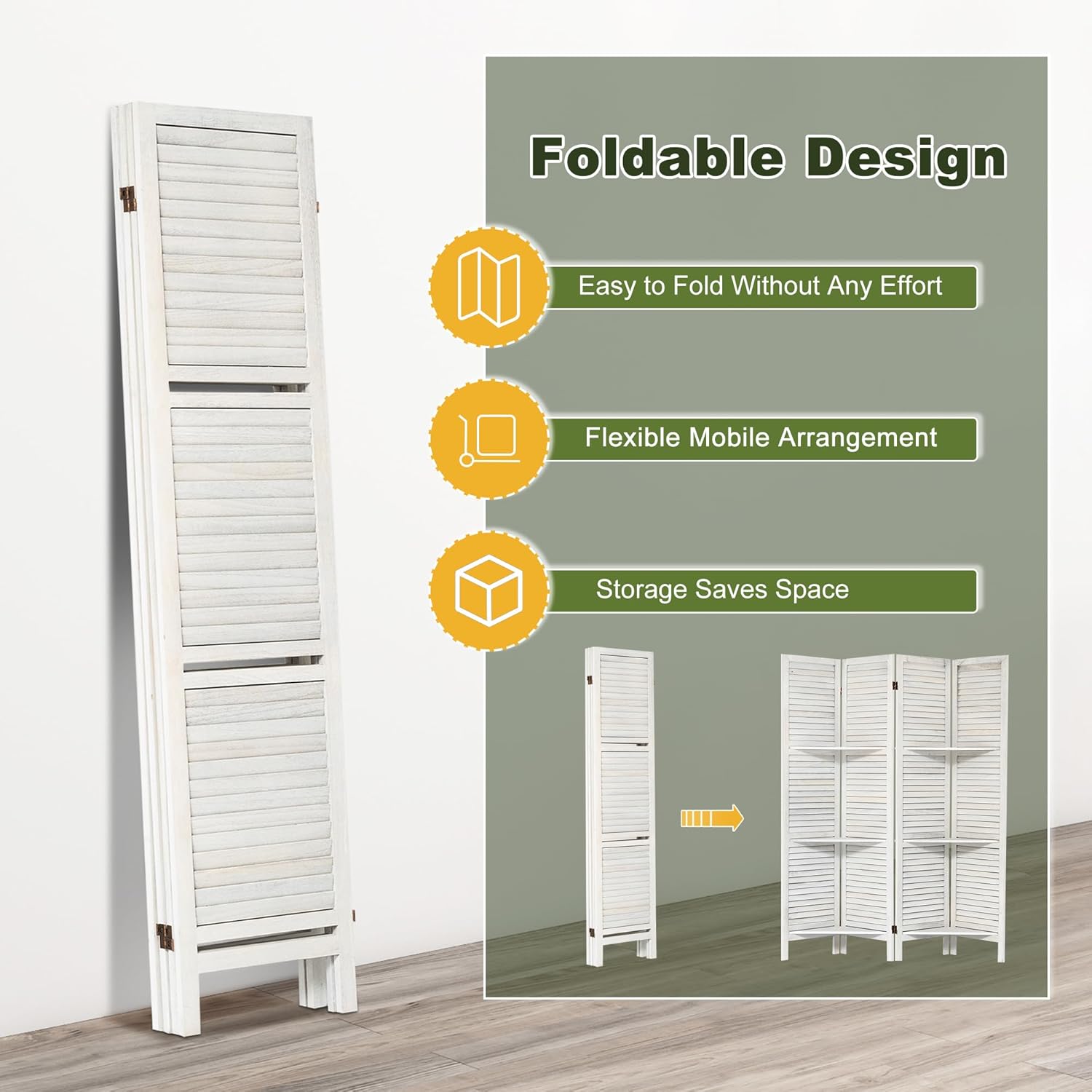 NicBex 4 Panel Room Divider,5.6FT Wood Carved Room Dividers with Display Shelves Folding Privacy Screens Portable Freestanding Partition Wall Dividers for Room Separation,Home Bedroom Office,White - Lumora Desk