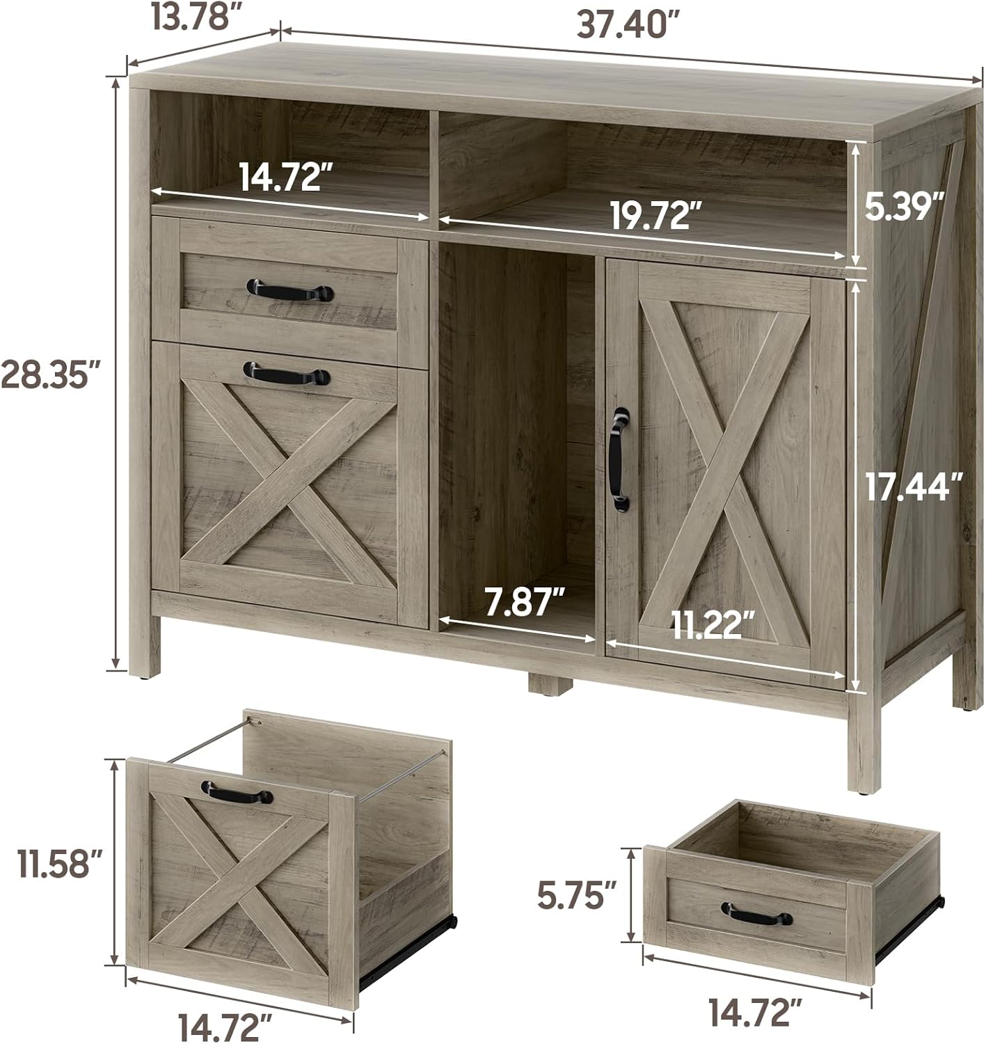 Lateral File Cabinet with 2 Drawers and Door, Farmhouse File Cabinet for A4/Letter Size Hanging Files, Large Wood File Storage Cabinets Printer Stand with Open Space for Home Office Furniture, Grey
