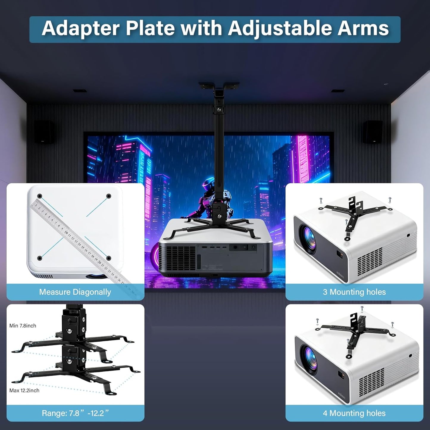 Projector Mount Ceiling/Wall - Universal 3-in-1 Bracket with Extension Pole& Cable Ties