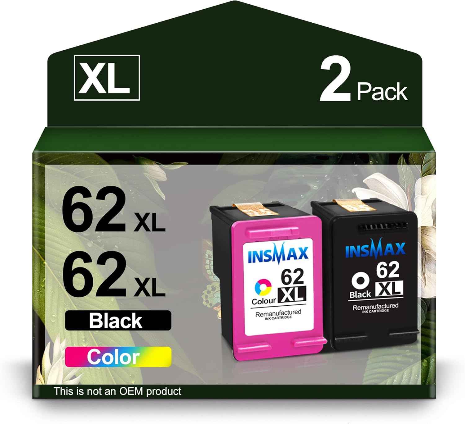 62XL Ink Cartridge Combo Pack Replacement for HP 62 XL 62 Ink Work for Envy 5540 7645 OfficeJet 5740 250 200 Series Printer (1 Black, 1 Tri-Color)