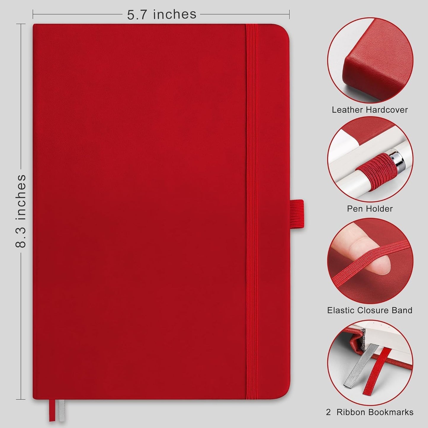 RETTACY Bullet Dotted Journal Notebook, 2-Pack, 160 Numbered Pages per Pack, A5 Medium Size (5.7'' x 8.3''), 120 GSM Thick Paper, Leather Hardcover, for Bullet Journaling (Black & Red)