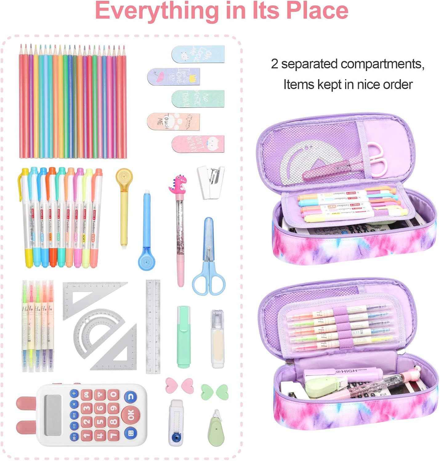 Bagseri Pencil Case for Girls - Large Capacity Pencil Case for Kids Pencil Pouch Pencil Box, Multifunction Pencil Bag with Compartments for Girls Kids Teen, Pen Case Only (Purple Pink Tie-dye)