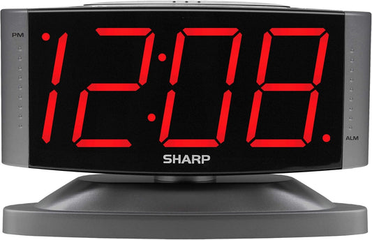 Sharp Home LED Digital Alarm Clock – Swivel Base - Outlet Powered, Simple Operation, Alarm, Snooze, Brightness Dimmer, Big Red Digit Display, Gun Metal Grey Case