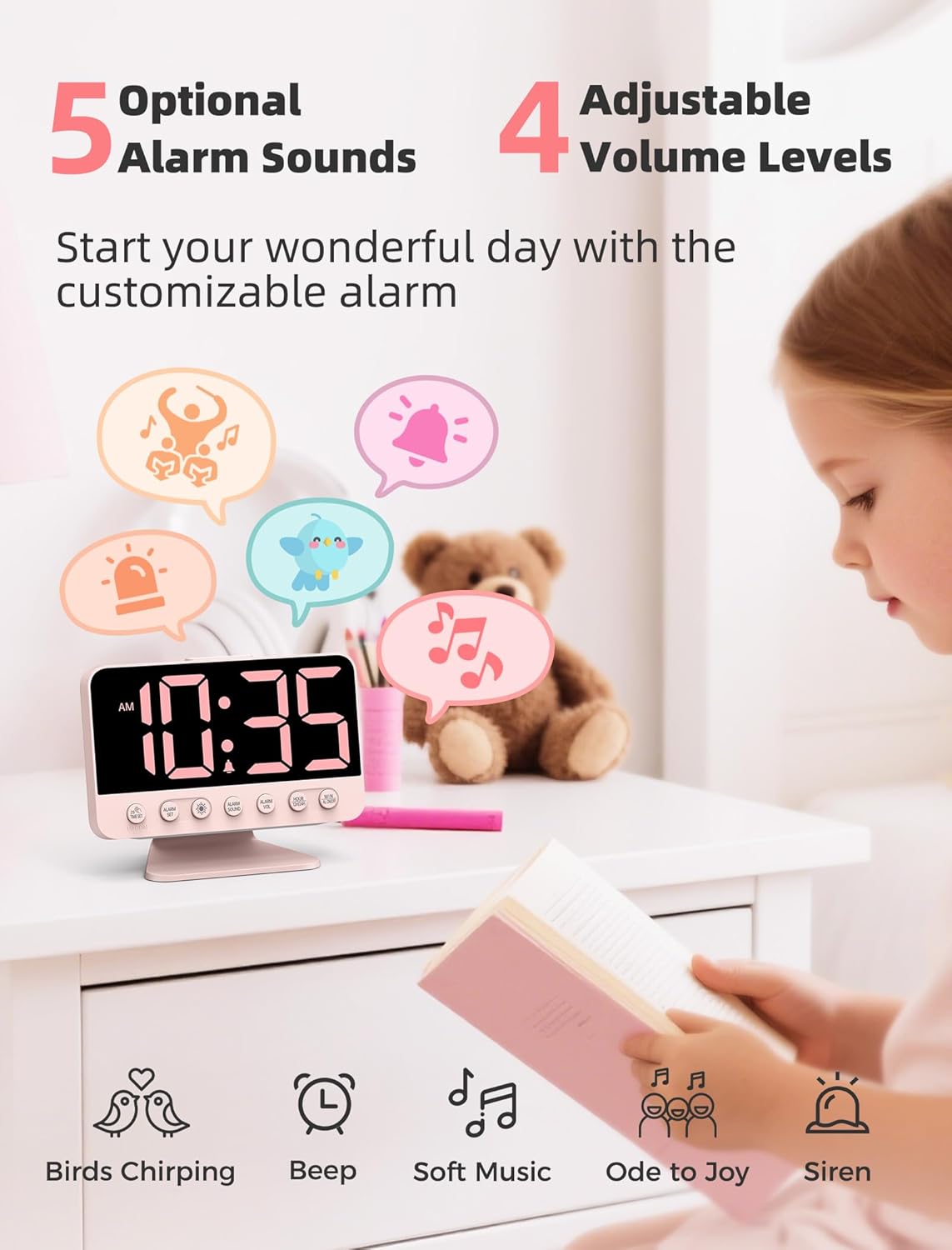 Digital Alarm Clocks for Bedrooms: Large Bold Number 5 Brightness Dimmer - Easy to Read Across The Room - 5 Alarm Sound 8 Night Light - Sakura Pink