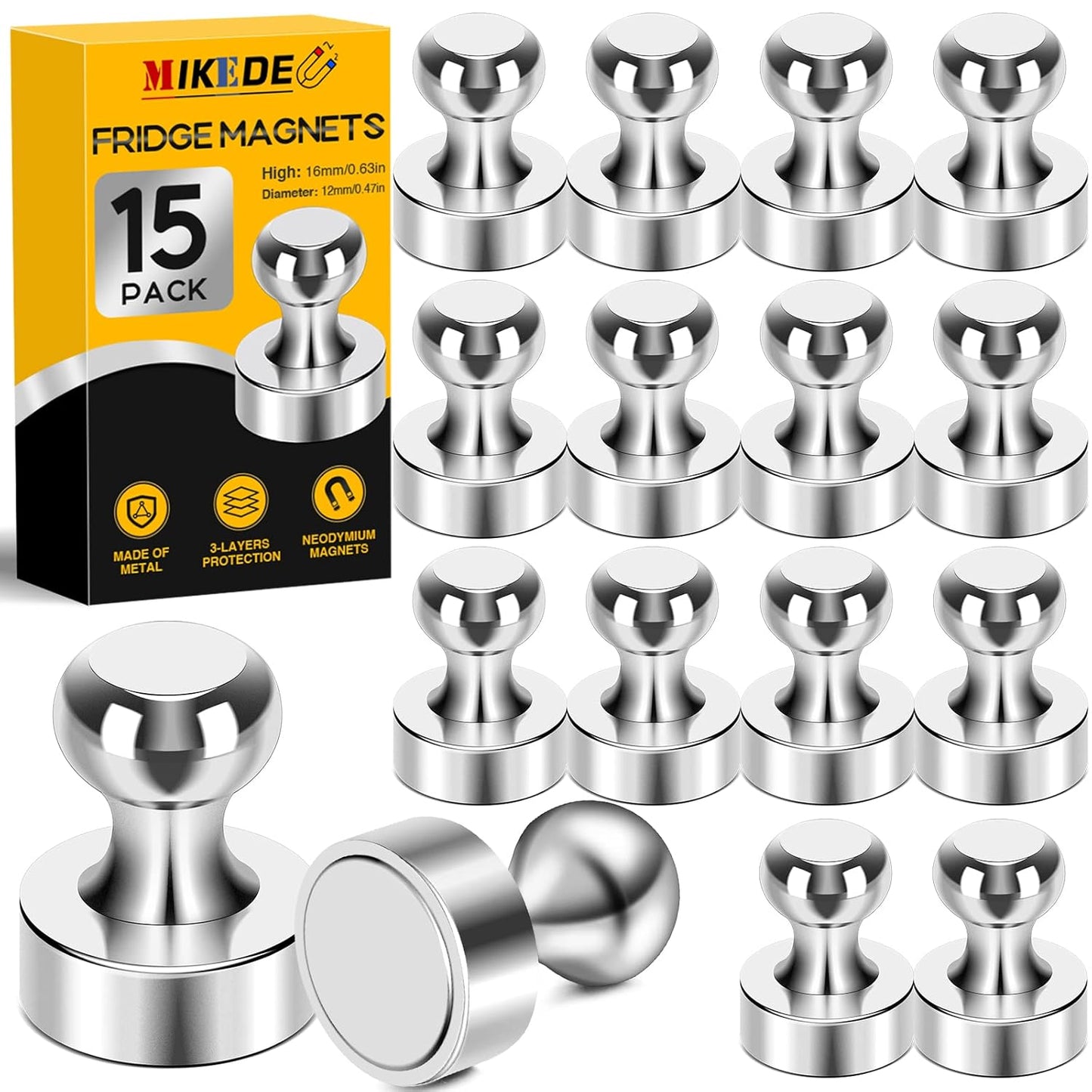 MIKEDE Strong Fridge Magnets for Whiteboard, 15Pcs Neodymium Push Pins for Refrigerator, Office, School, Classroom, Kitchen