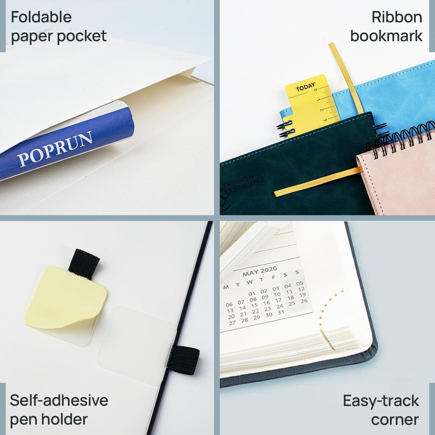 POPRUN Weekly Planner 2026 Pocket Size Calendar (4" x 6.25") 12 Months Notebook with Horizontal Layout, Leather Soft Cover, Inner Pocket, 100GSM Thick Paper, Pen Holder - Cerulean Blue