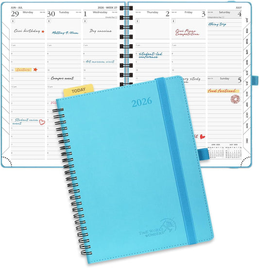 POPRUN 2026 Planner (Medium - 6.5'' x 8.5'') with Hourly Schedule, Vertical Layout - 2026 Weekly Calendar (Jan. 2026 - Dec.2026) for Time Management, Monthly Tabs, Spiral Bound, Soft Cover - Blue Green