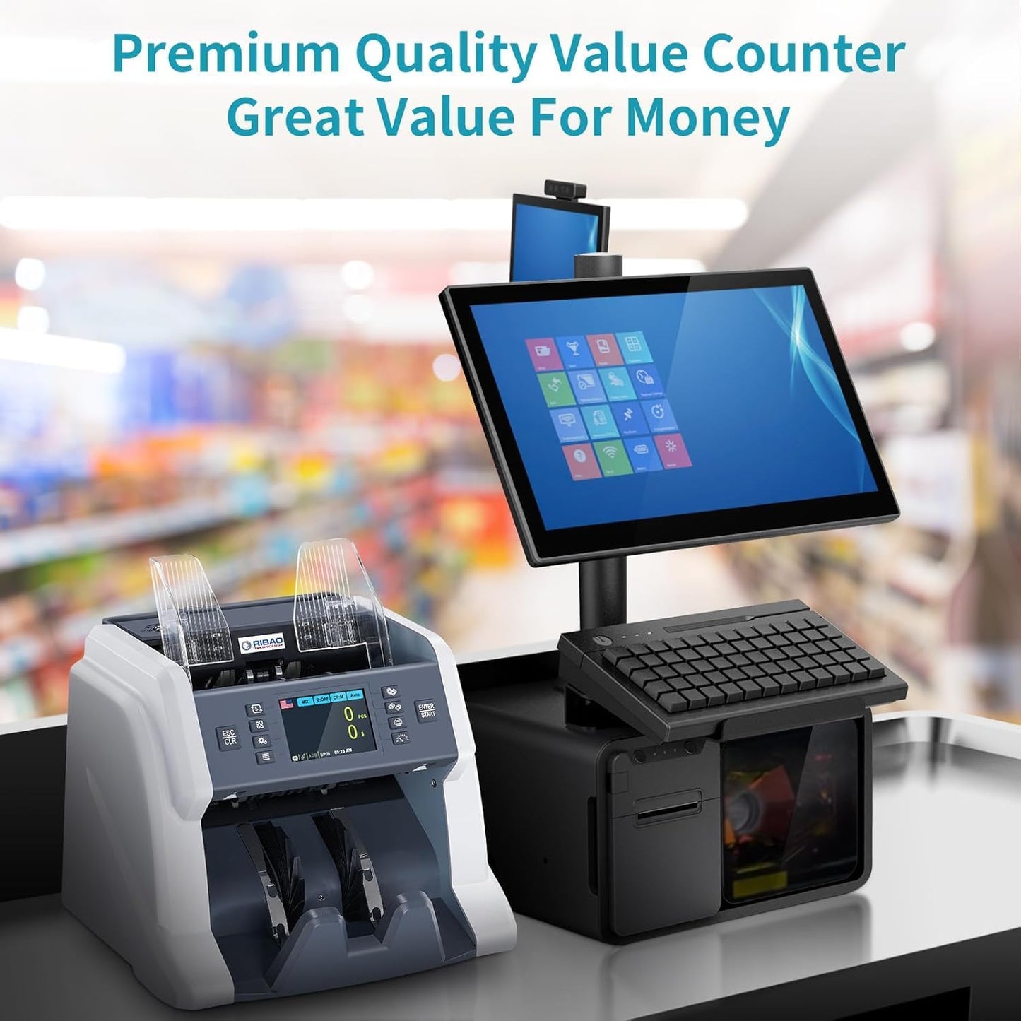 RIBAO BC-40 Mixed Denomination Money Counter Machine, Value Counting, Bill Counter Multi Currency, CIS/UV/MG/IR Counterfeit Detection for Business