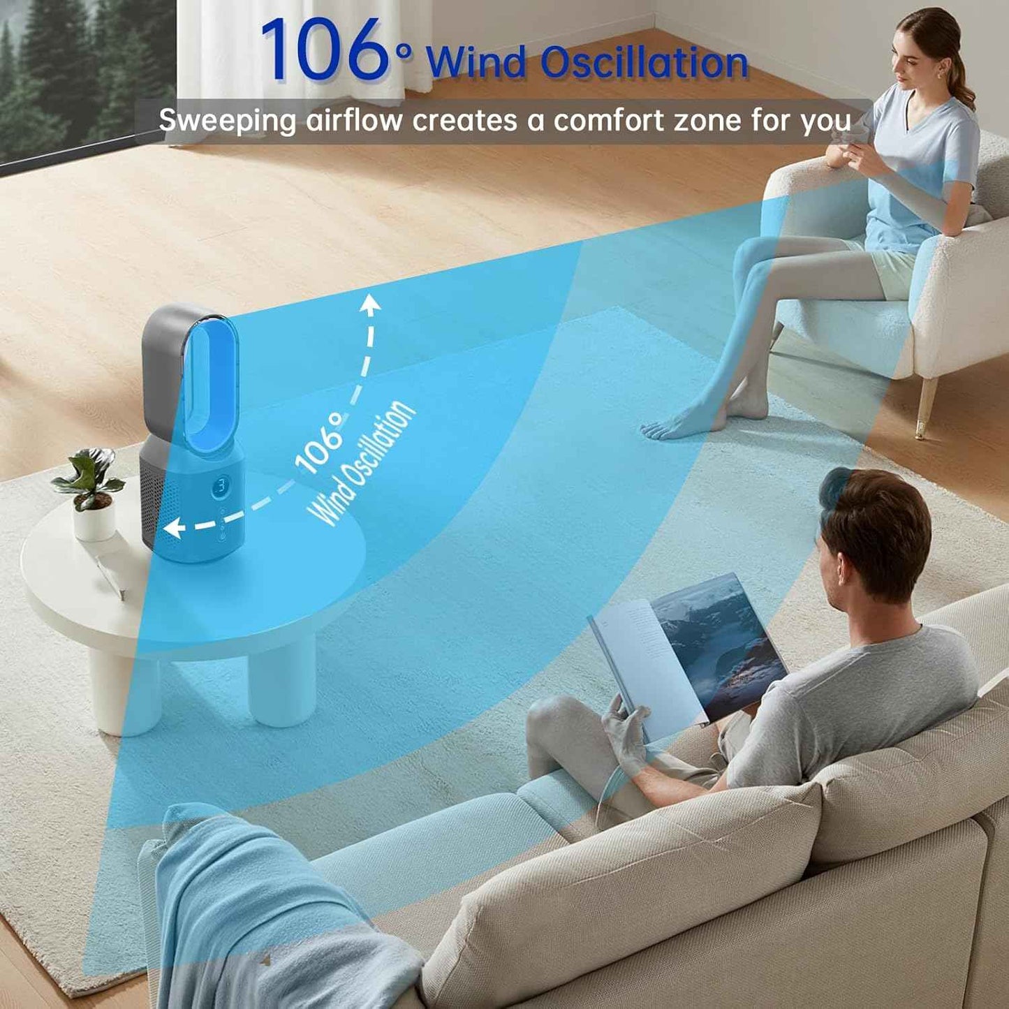 Bladeless Desk Fan, 13 Inch Quiet Oscillating with 106° Rotation, Battery Operated Portable Table Fan, 3 Speeds & Night Light, LED Display, Button Control, Personal Fan for Bedroom Office Nightstand