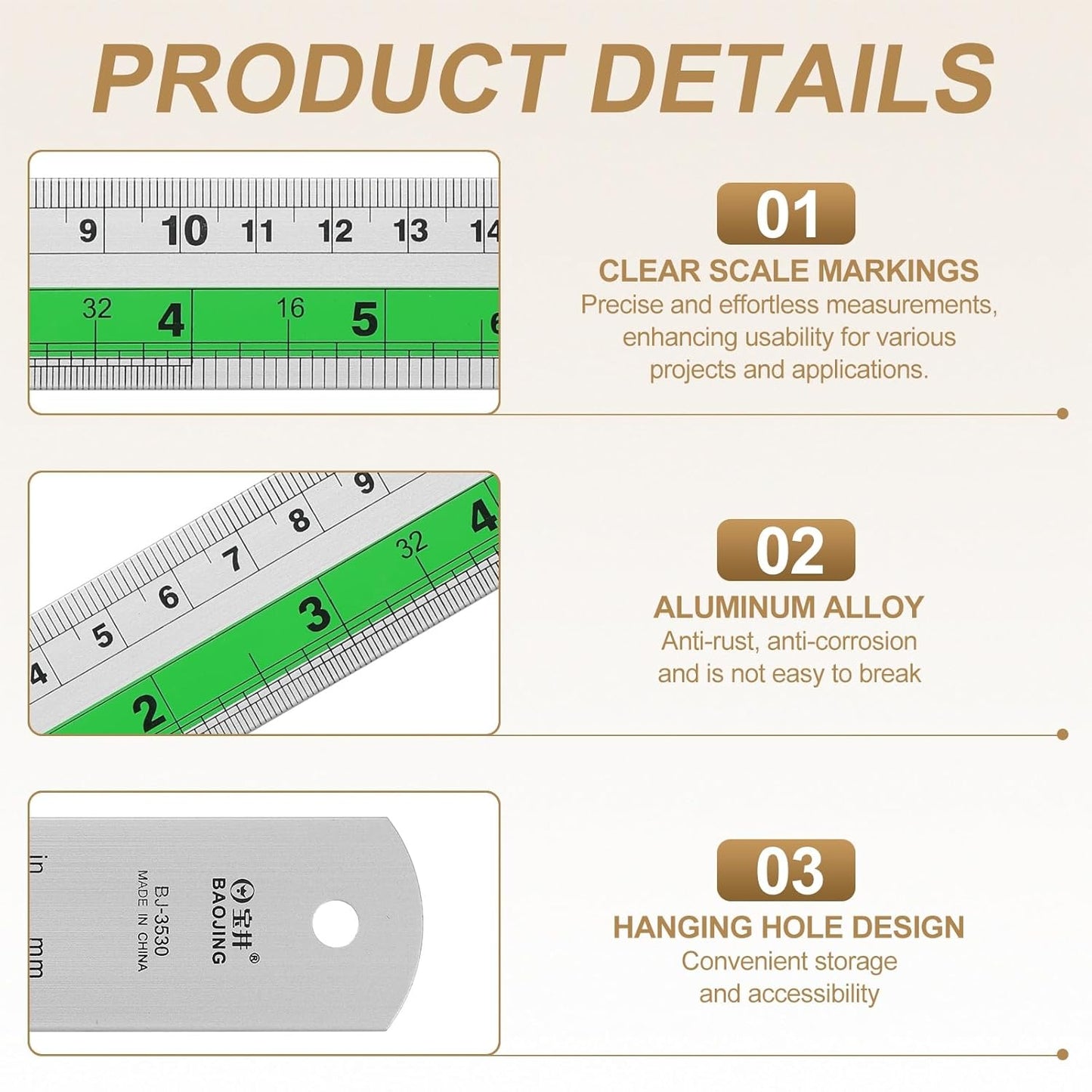 HARFINGTON 6pcs Metal Straight Ruler 30cm Metric SAE Aluminum Alloy Measuring Rulers Scale Tool with Hole for Measure Study Reading Classroom Office, Green