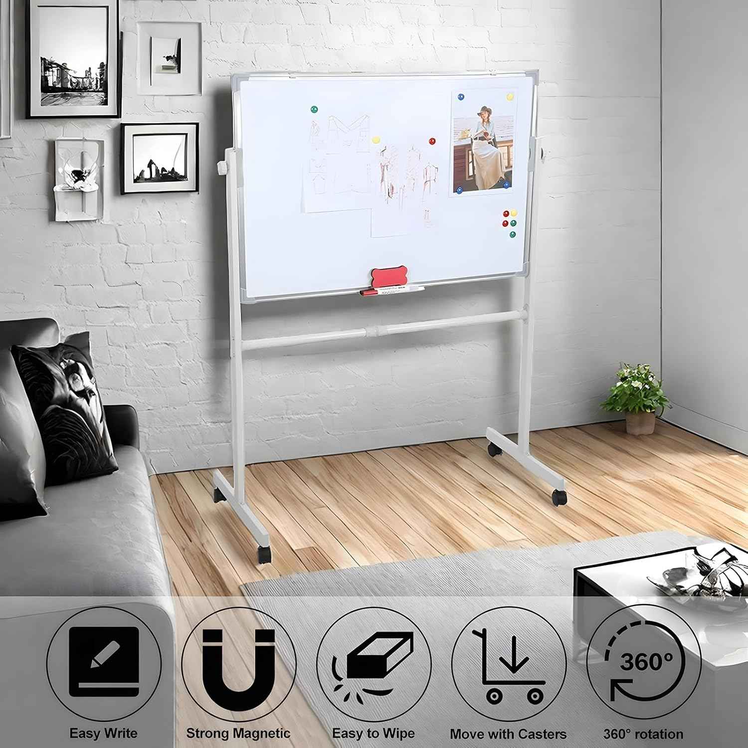 Rolling White Board with Stand 24 x 36, Magnetic Dry Erase Board on Wheels, Double Sided Mobile Whiteboard Easel, Height Adjustable Standing Board for Classroom Office Home (White)