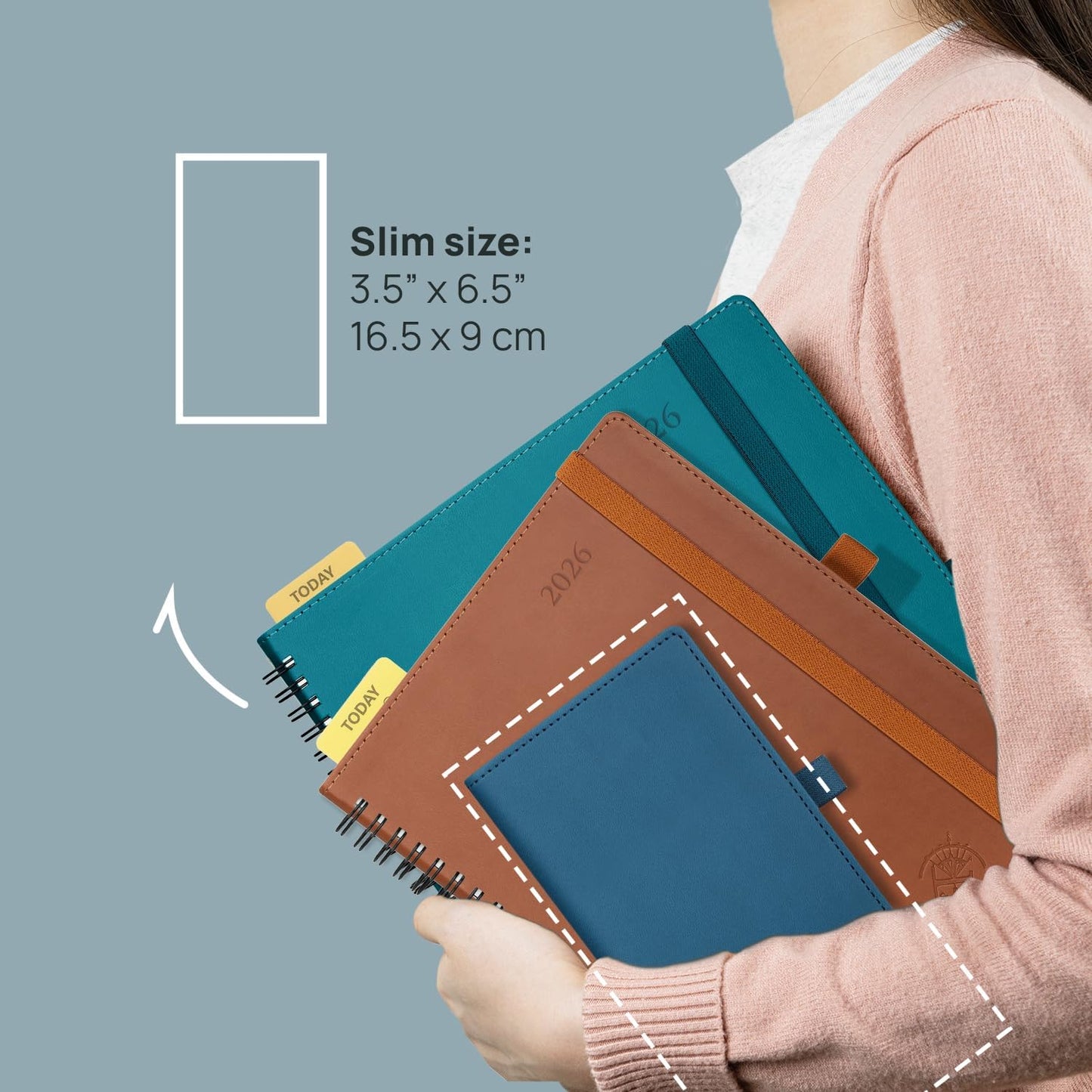 POPRUN 2026 Pocket Planner (Slim Size 3.5" x 6.5") Weekly and Monthly Calendar for Purse, with Hourly Time Slots, 100GSM Thick Paper, Spiral Soft Cover, Pen Holder - Burgundy Red