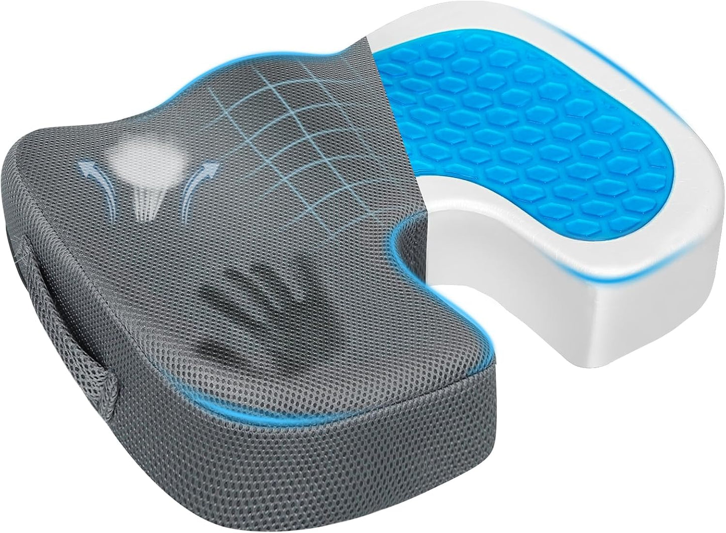 Gel Seat Cushion – Office Chair Cushion – Non-Slip Gel Memory Foam Coccyx Cushion for Tailbone Pain - Desk Chair Car Seat Cushion Driving - Sciatica Back Pain Relief, Mesh, Grey