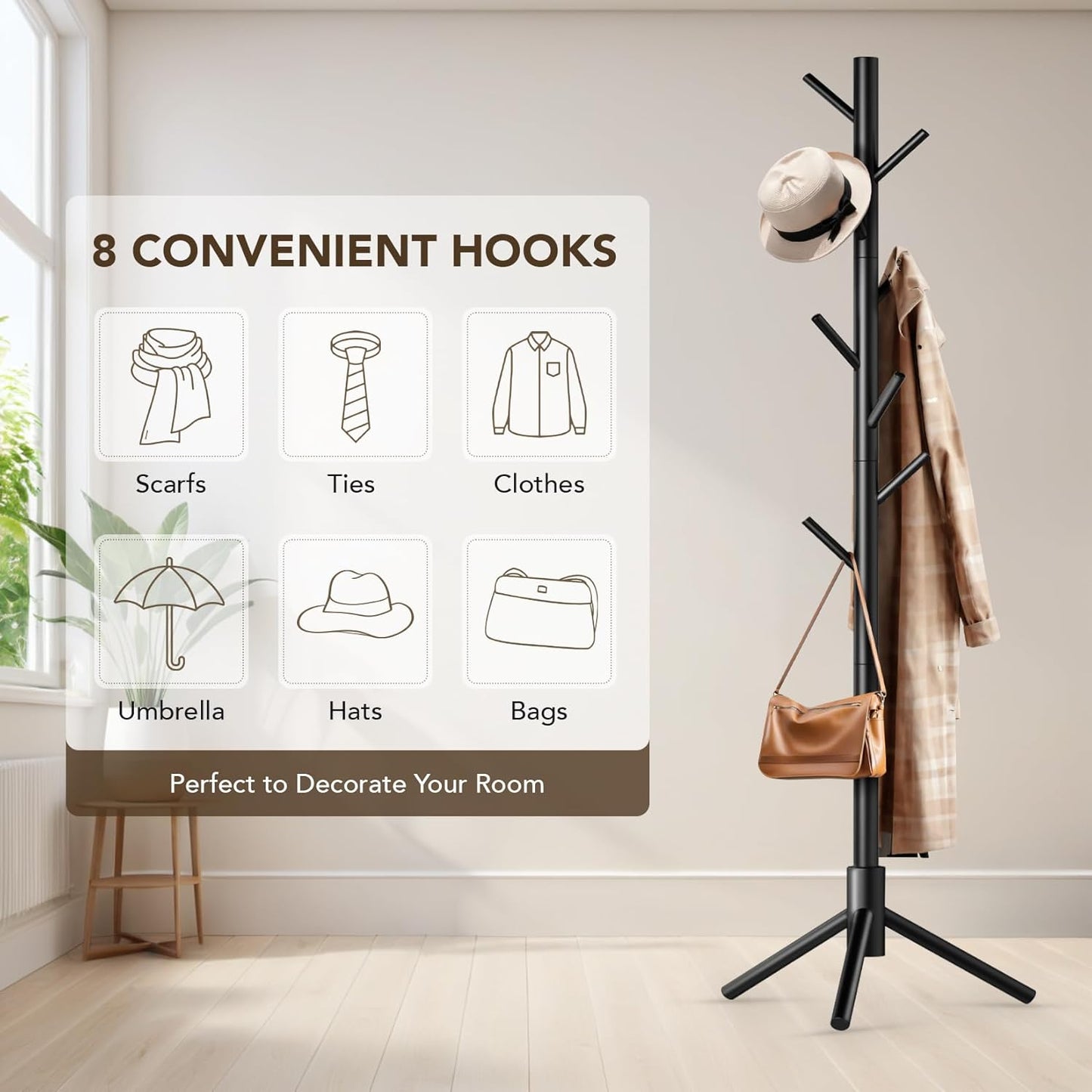 Wooden Tree Coat Rack Stand,Sturdy Freestanding Coat Rack with 8 Hooks,3 Adjustable Height for Child Adult,Wood Coat Stand Tree Fits Entryway Bedroom Office for Bags,Hats - Lumora Desk