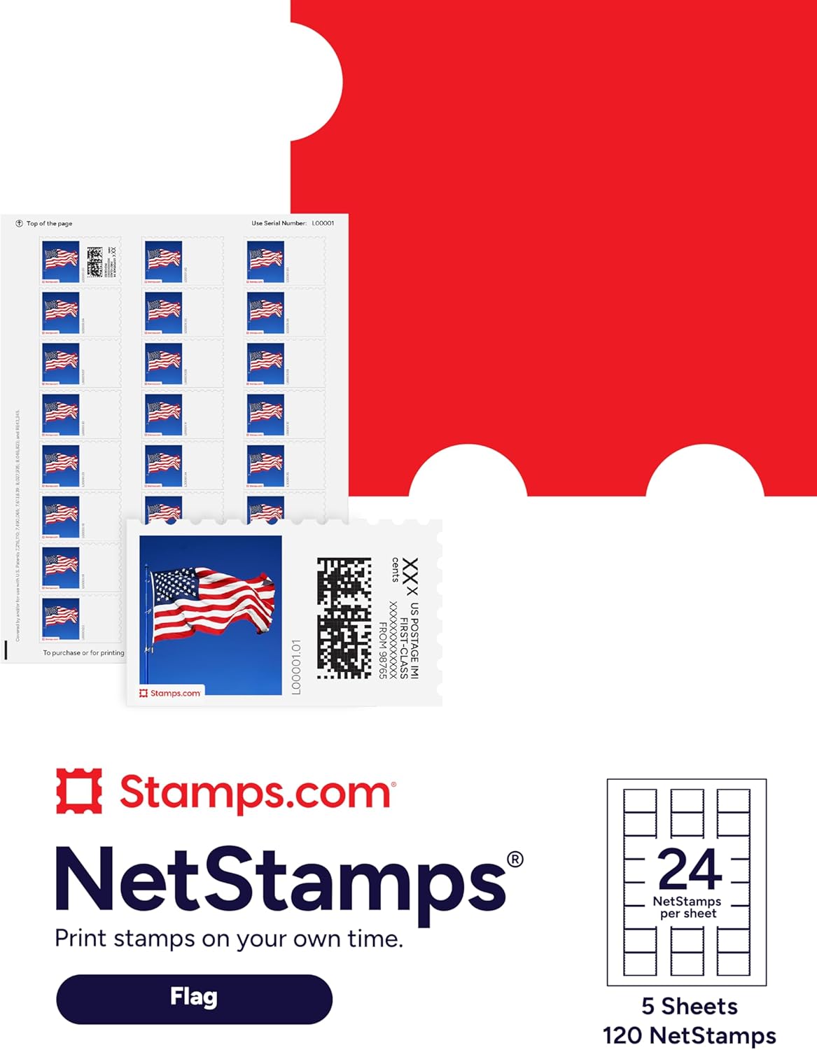 Flag NetStamps 120-Pack (5 Sheets) Printable Postage Labels (Stamps.com Subscription Required) - Print Approved Postage - Inkjet & Laser Printers - Business, Personal, Home