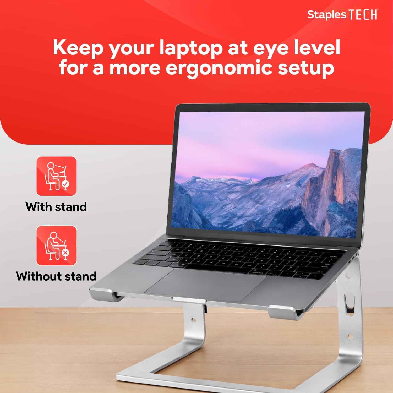 Staples TECH Adjustable Aluminum Laptop Stand – Fits 11"–17" Laptops, Ergonomic Eye‑Level Riser with Ventilated Cooling & Anti‑Slip Base, Silver