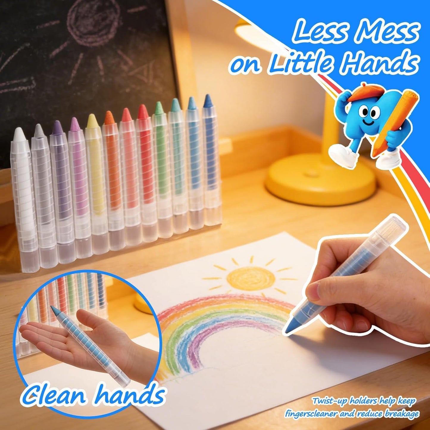 NewFamily 12-Color Dustless Chalk for Kids with Protective Holders, Washable & Non-Toxic, Smooth Writing & Easy to Erase for Chalkboard, Indoor & Outdoor Use